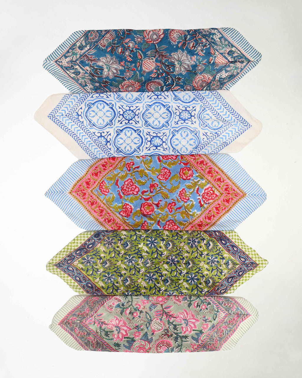Set of 5 – Boho Floral Hand Block Printed Cotton Bandanas | Lightweight Unisex Head Wrap, Neck Scarf & Hair Tie | Eco-Friendly Bohemian Accessory | UK