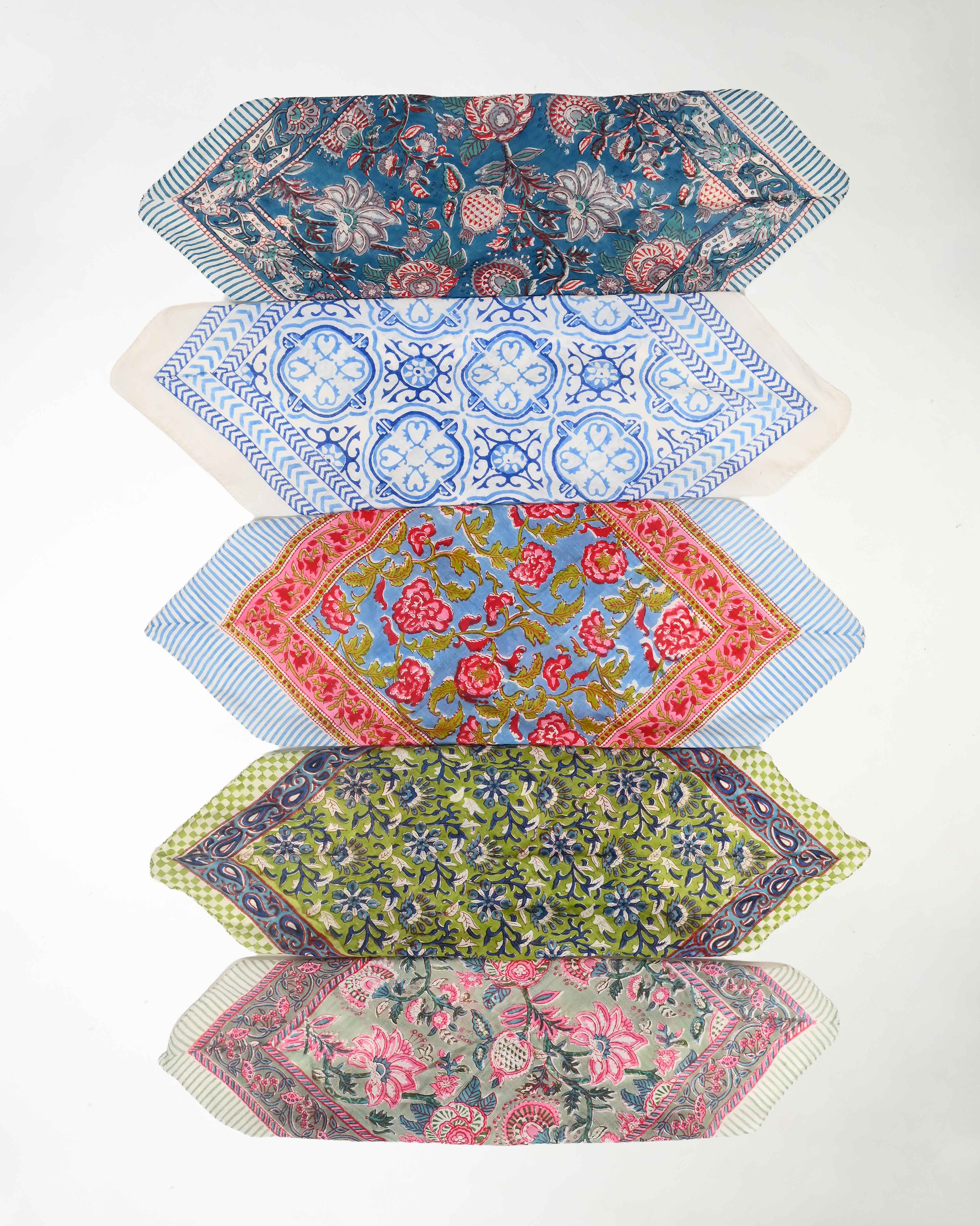 Set of 5 – Boho Floral Hand Block Printed Cotton Bandanas | Lightweight Unisex Head Wrap, Neck Scarf & Hair Tie | Eco-Friendly Bohemian Accessory | UK
