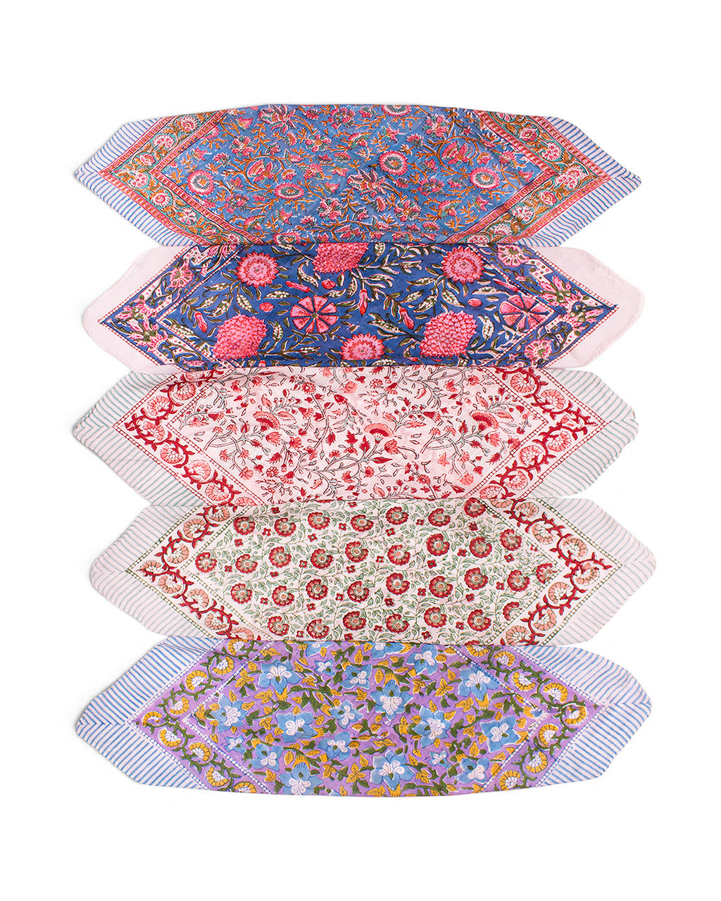 Five folded patterned hand block printed bandana scarves stacked vertically on a white background, each showing different floral and paisley designs in blue, pink, red, and purple tones.