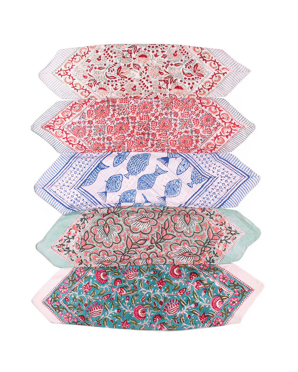 Set of 5 – Boho Floral Hand Block Printed Cotton Bandanas | Lightweight Unisex Head Wrap, Neck Scarf & Hair Tie | Eco-Friendly Bohemian Accessory | UK
