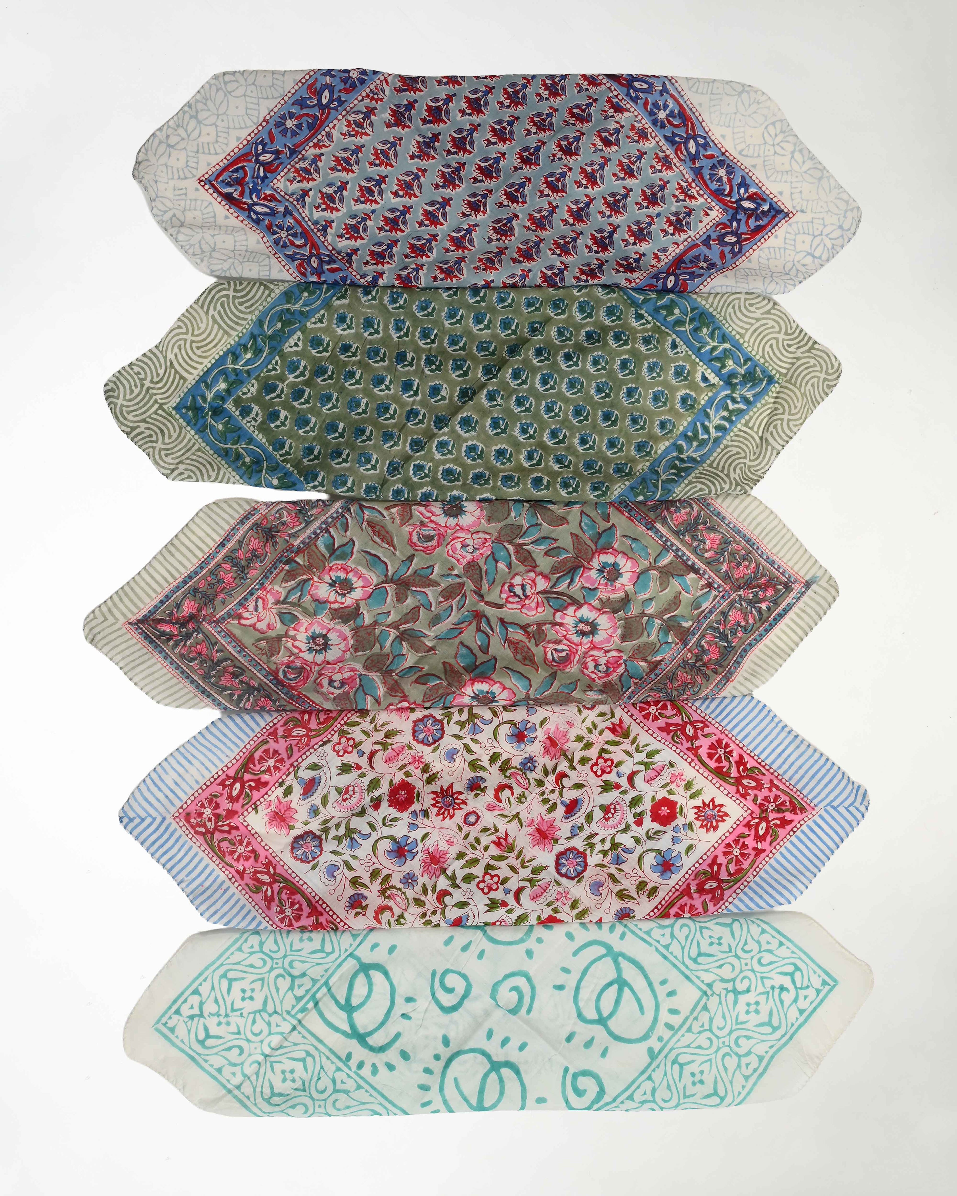 Set of 5 – Dopamine Dressing Cotton Bandanas | Colourful Floral Block Print Neck Scarf & Head Wrap | Boho Lightweight Fashion Accessory for Summer | UK
