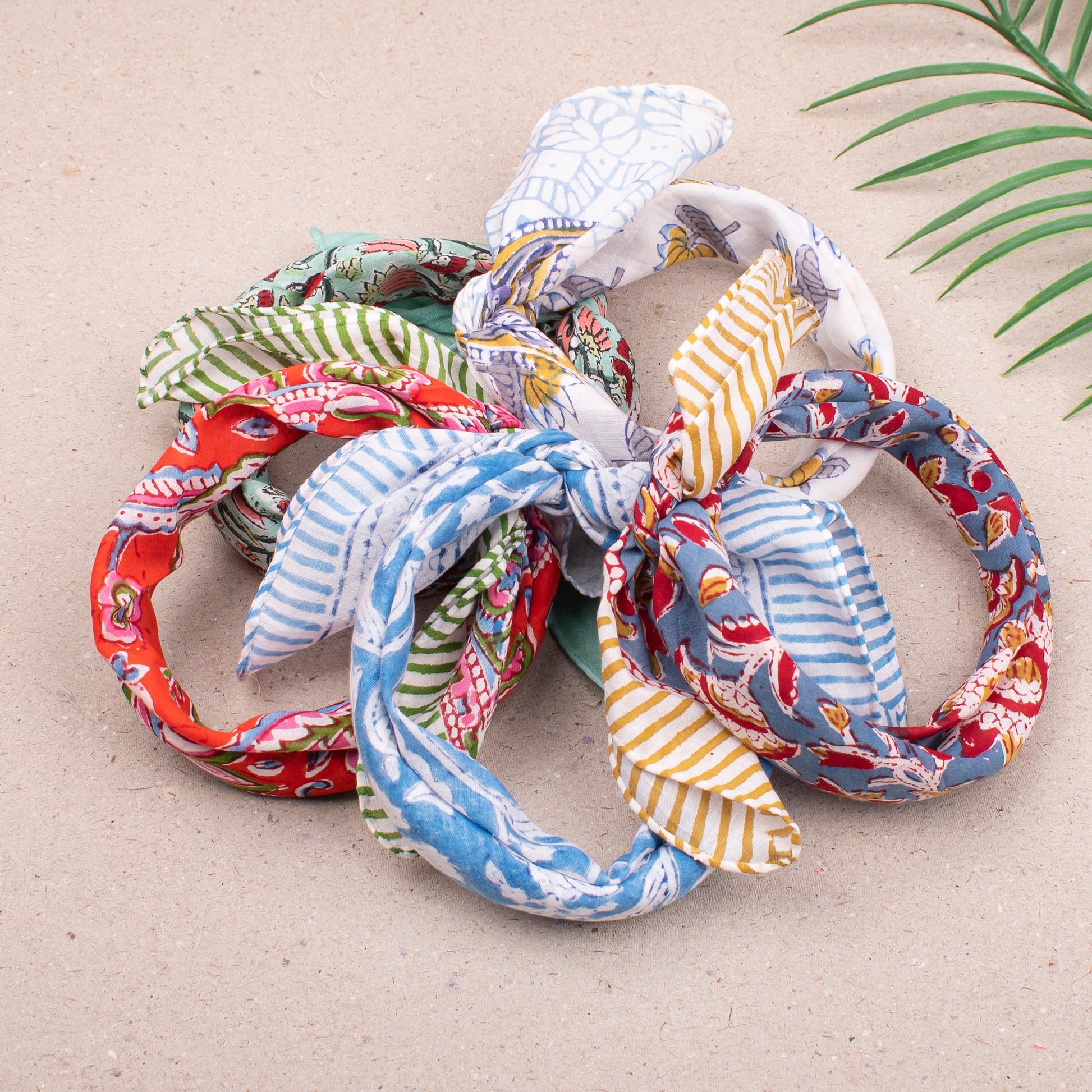 Block Print Bandana Headwrap For Women, Lightweight Cotton Scarf, Reusable Neck Tie, Handmade Face Wrap For Bohemian Style - 5pcs