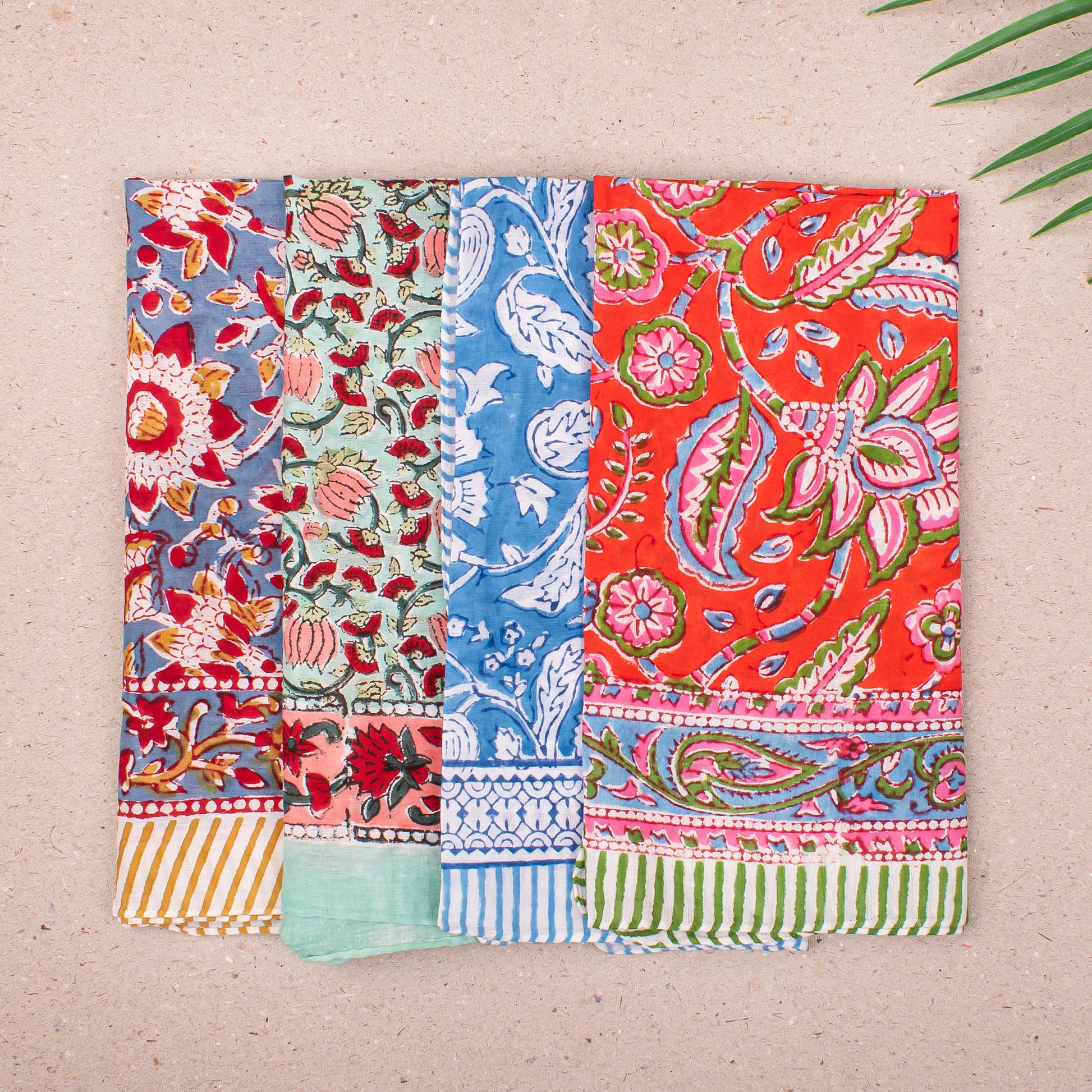 Lightweight Cotton Bandana For Men & Women, Handmade Reusable Headwrap With Boho Block Print, Scarf For Neck, Face Or Hair - 4pcs