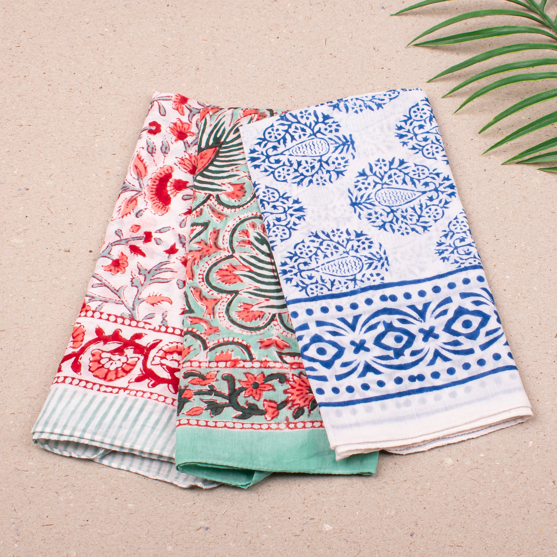 Handmade Boho Bandana Headwrap, Soft Cotton Scarf For Women, Reusable Block Print Neck Tie For Summer, Perfect Gift For Bikers - 3pcs