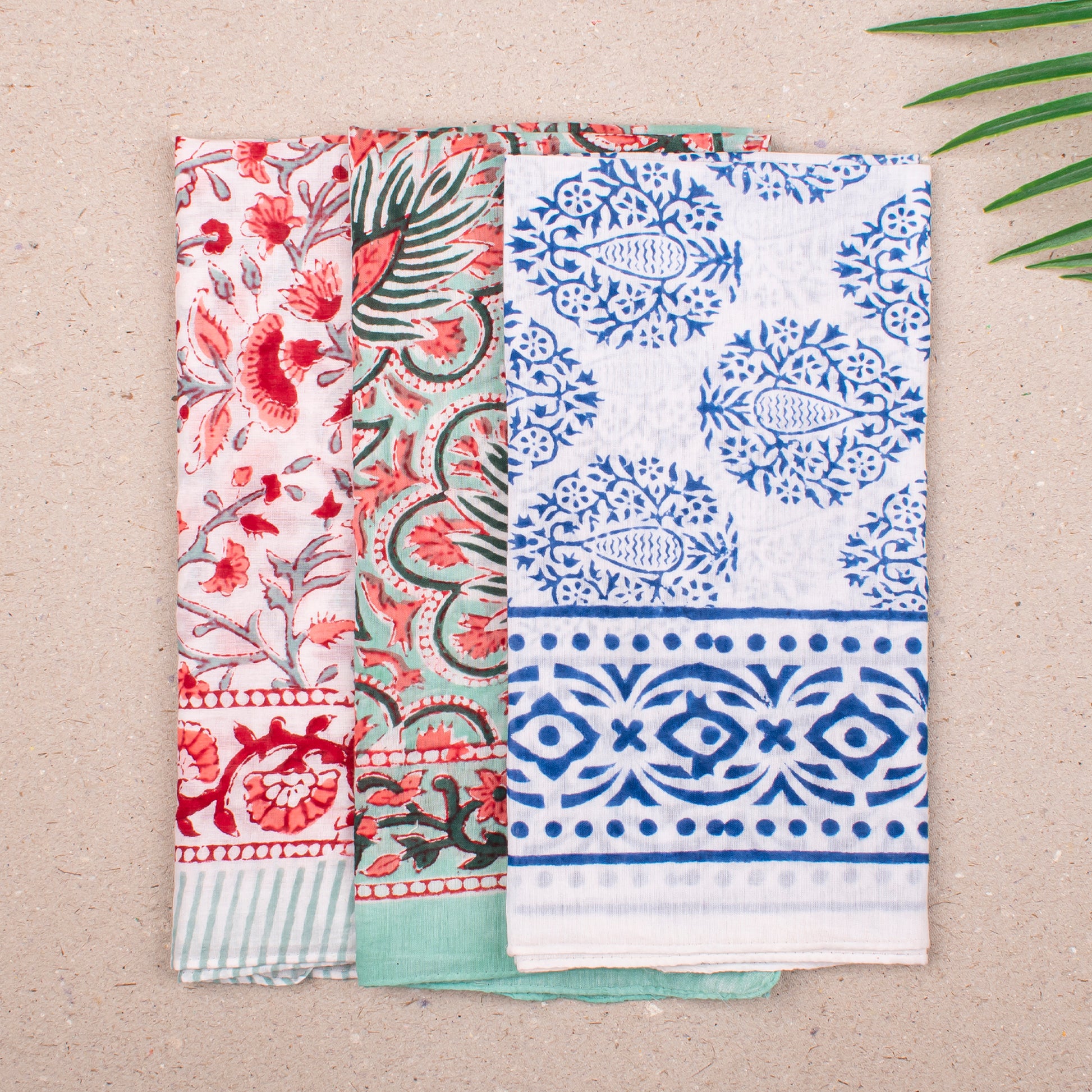 Handmade Boho Bandana Headwrap, Soft Cotton Scarf For Women, Reusable Block Print Neck Tie For Summer, Perfect Gift For Bikers - 3pcs