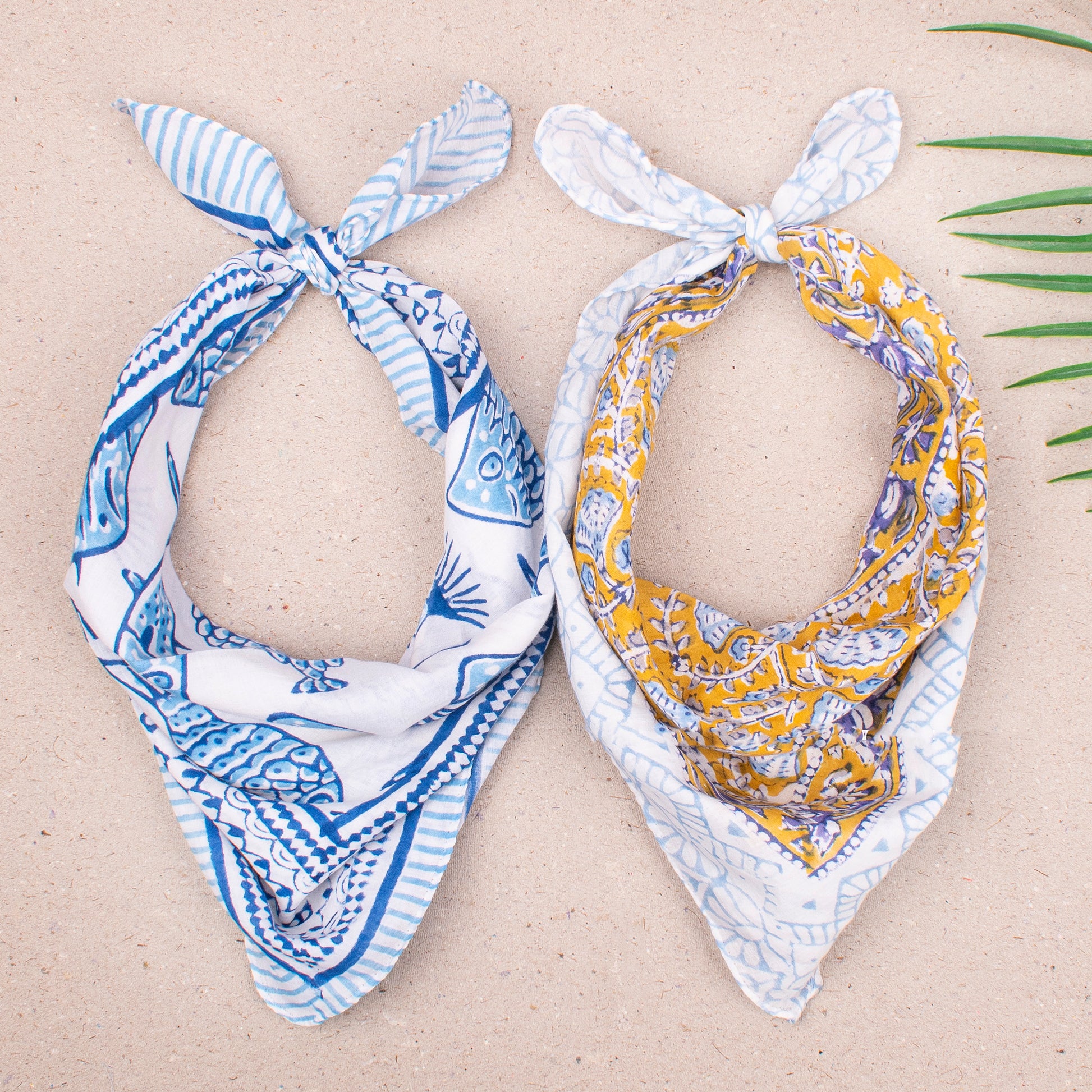 Reusable Lightweight Bandana Scarf, Cotton Block Print Headwrap For Men & Women, Boho Neck Or Hair Accessory, Travel Friendly Wrap - 2pcs