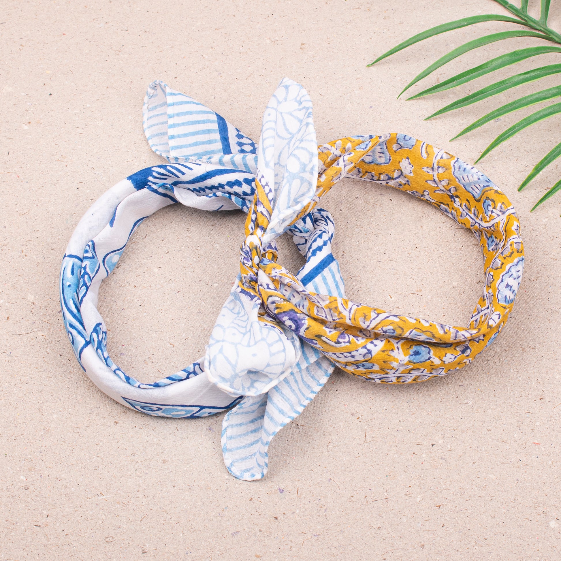 Reusable Lightweight Bandana Scarf, Cotton Block Print Headwrap For Men & Women, Boho Neck Or Hair Accessory, Travel Friendly Wrap - 2pcs