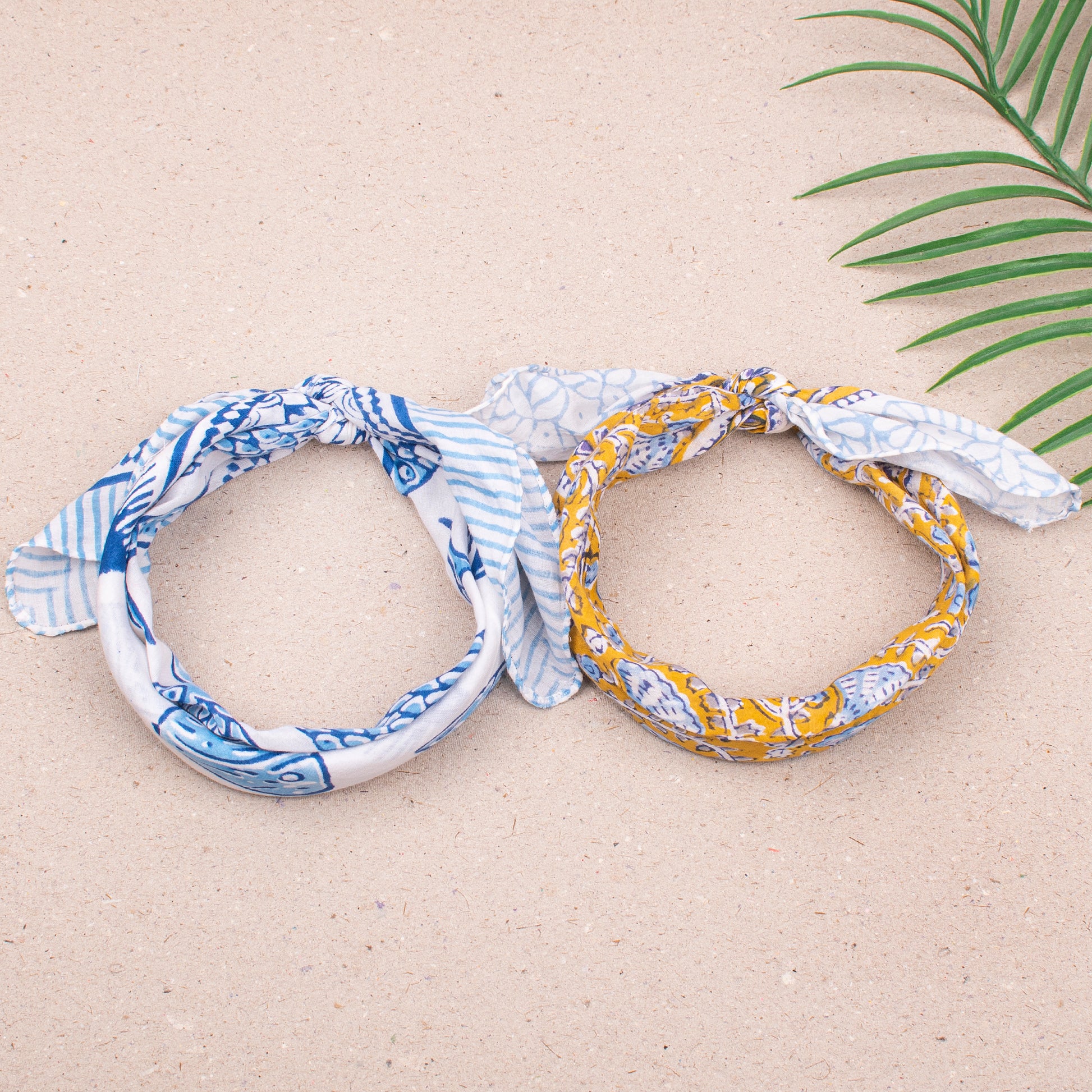 Reusable Lightweight Bandana Scarf, Cotton Block Print Headwrap For Men & Women, Boho Neck Or Hair Accessory, Travel Friendly Wrap - 2pcs