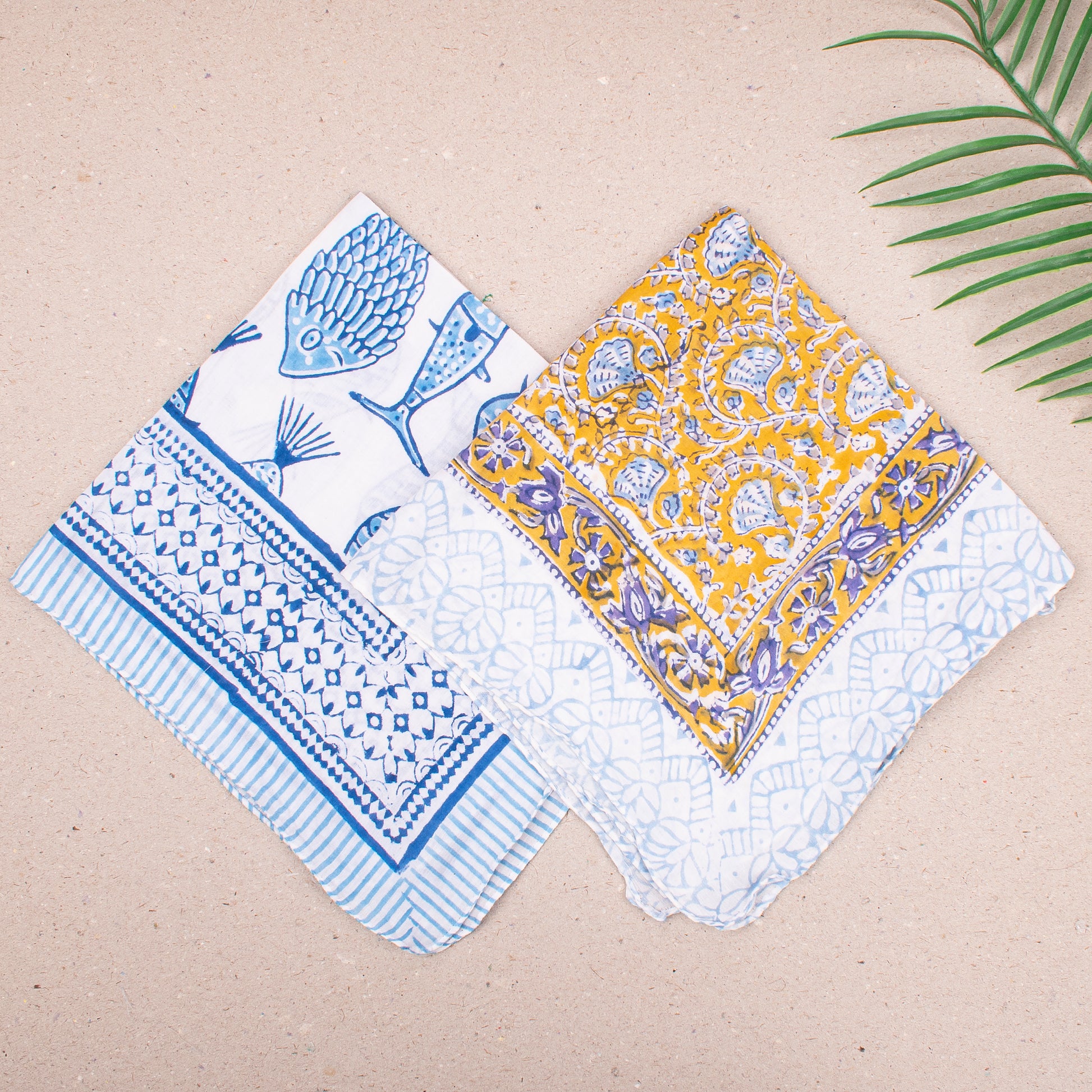 Reusable Lightweight Bandana Scarf, Cotton Block Print Headwrap For Men & Women, Boho Neck Or Hair Accessory, Travel Friendly Wrap - 2pcs