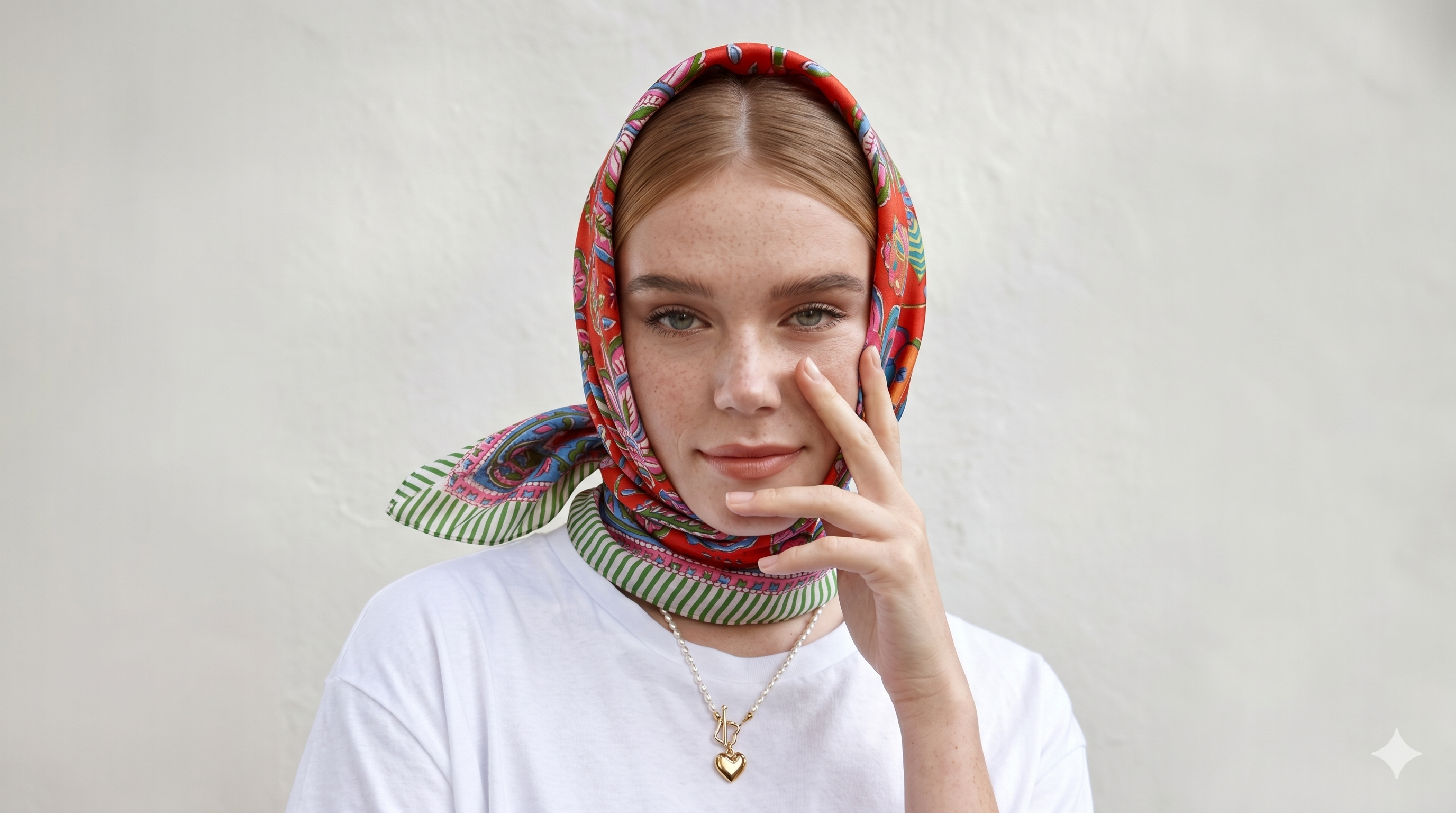 Woman wearing a colorful bandana on a plain background