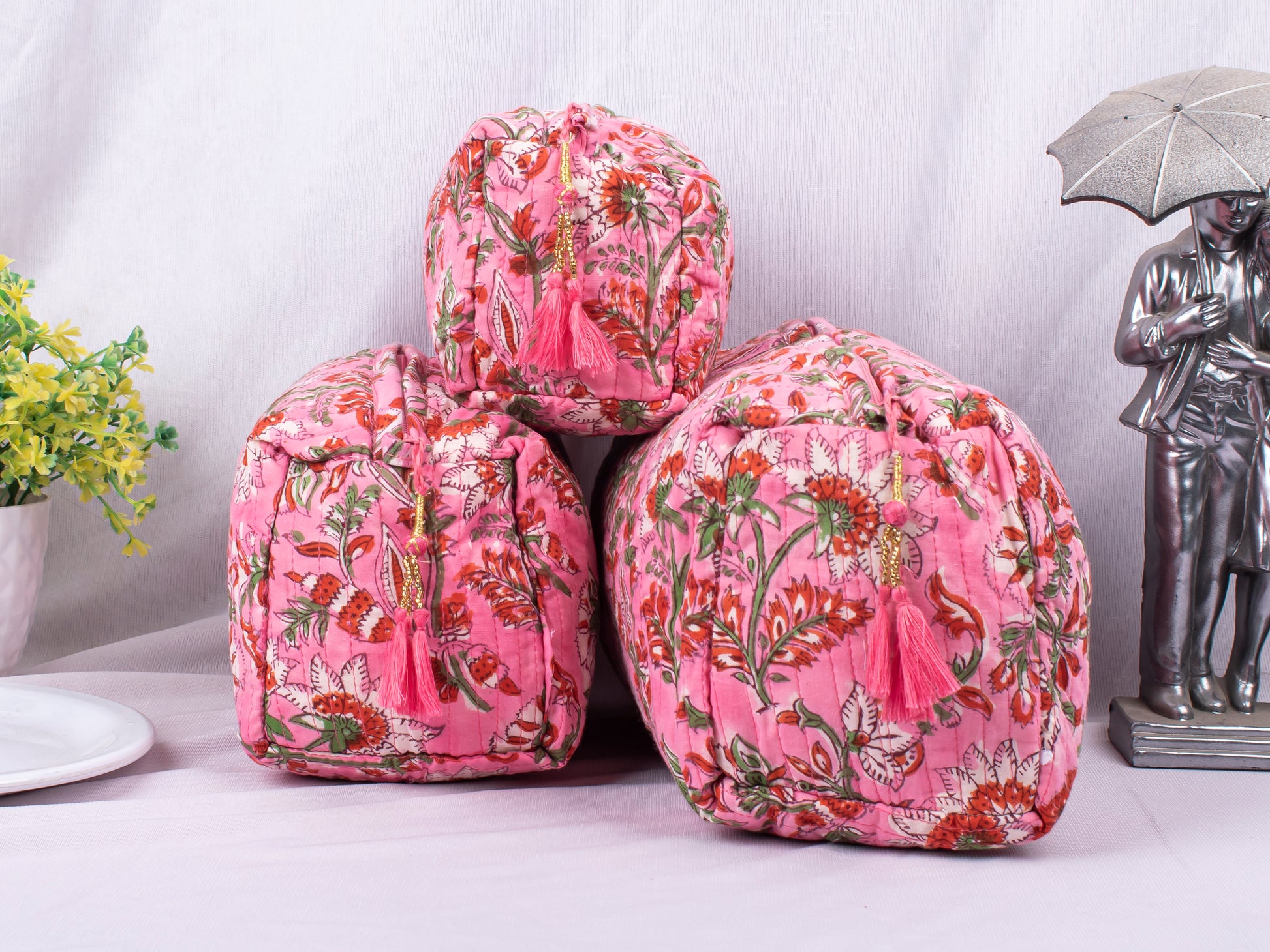 Cotton Fabric Cosmetic Bags, Cute Gift For Her, Beach Bags, Designer Makeup Pouch, 100% Cotton Makeup Organizer Bags, Lightweight Cotton Bags - 3pcs