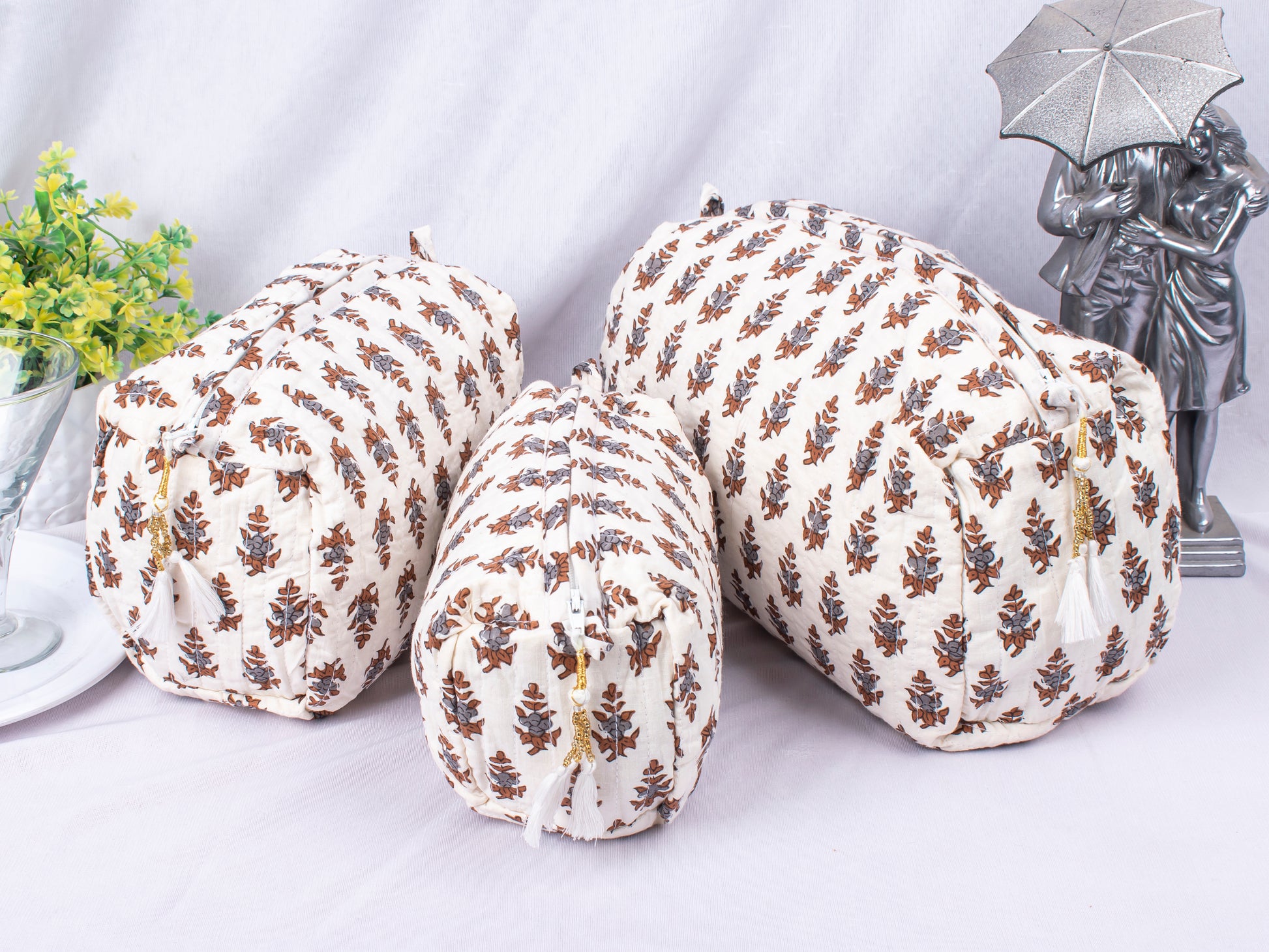 3pcs - Zipper Pouch Bags, Lightweight Cotton Bags, Cotton Makeup Bags, Print Cosmetic Bags, Set Of 3 Cotton Fabric Bags