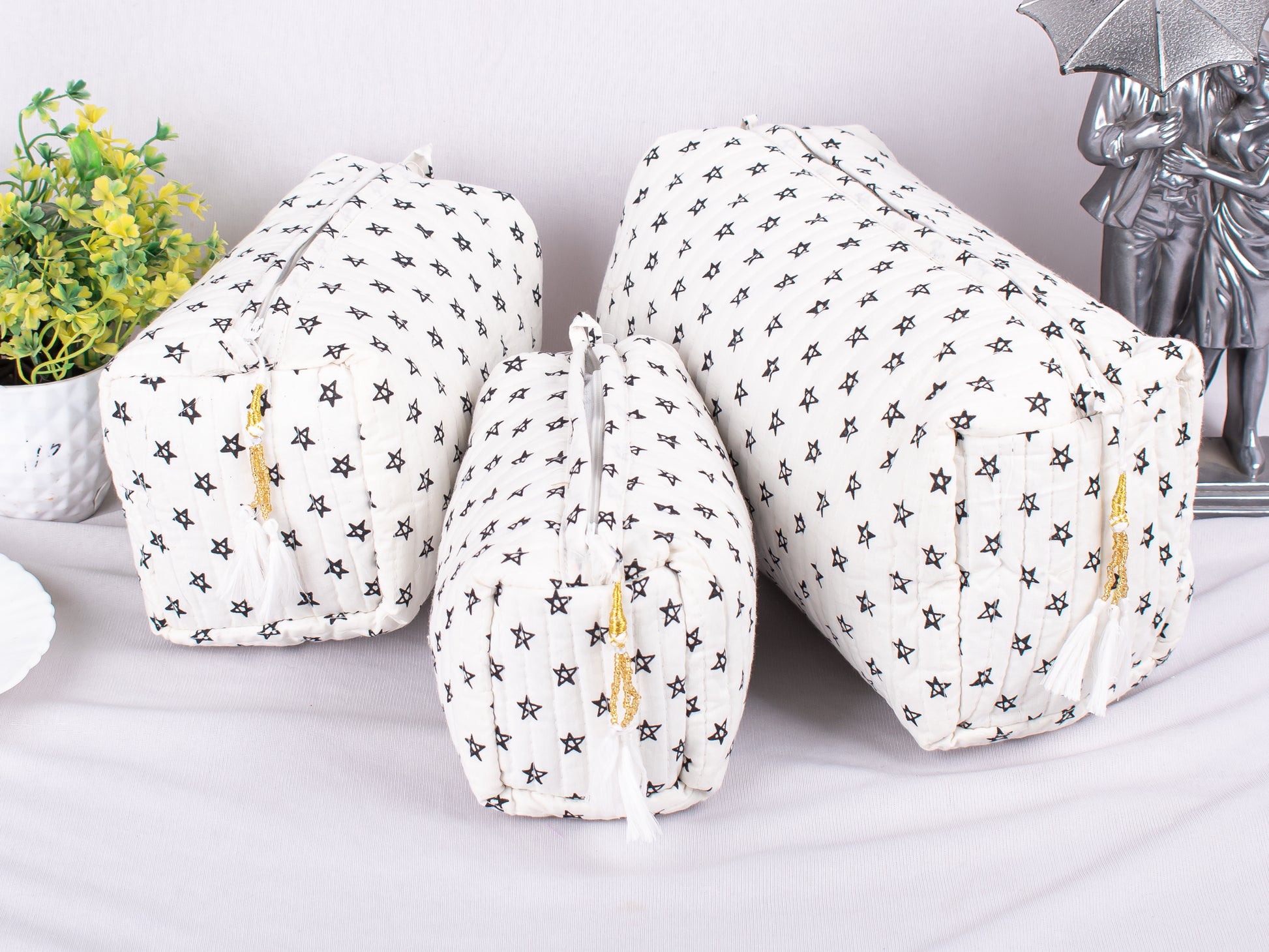 Set of 3 Pouches For Cosmetic, Zipper Pouch Bags, Lightweight Cotton Bags, Cotton Makeup Bags, Printed Cotton Fabric Bags, Soft Cotton Fabric Pouches