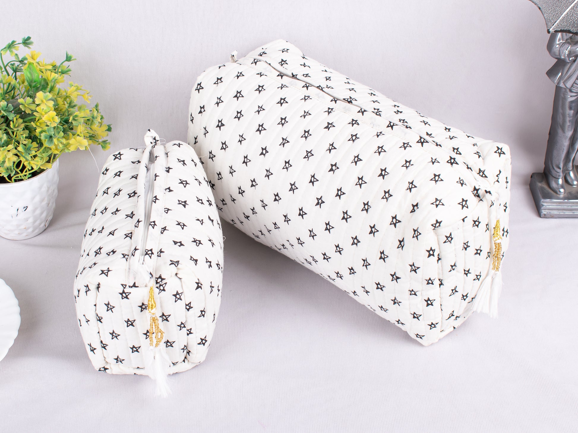 Set of 3 Pouches For Cosmetic, Zipper Pouch Bags, Lightweight Cotton Bags, Cotton Makeup Bags, Printed Cotton Fabric Bags, Soft Cotton Fabric Pouches