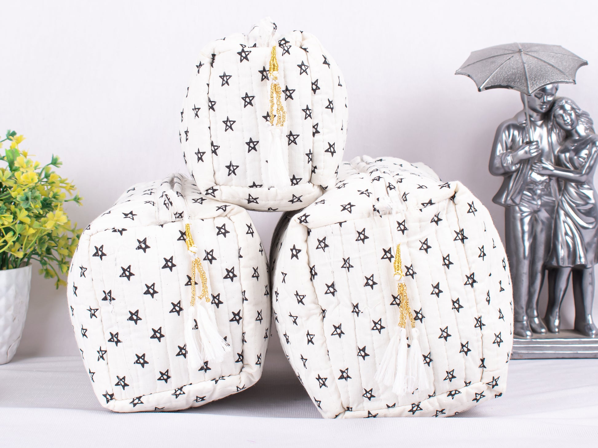 Set of 3 Pouches For Cosmetic, Zipper Pouch Bags, Lightweight Cotton Bags, Cotton Makeup Bags, Printed Cotton Fabric Bags, Soft Cotton Fabric Pouches