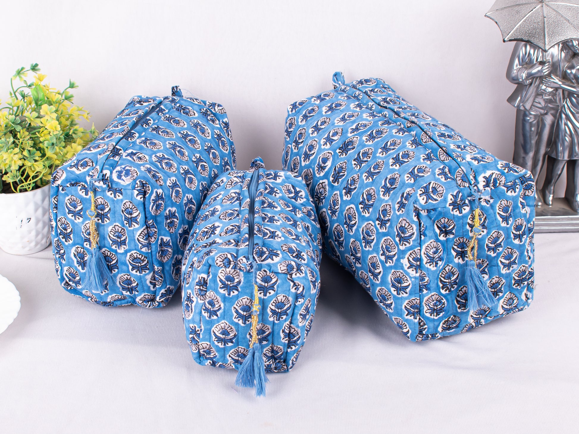 Set of 3 Printed Cotton Fabric Pouches, Floral Cosmetic Pouches, Women Beauty Case Pouch,  Zipper Pouch Bags, Eco-Friendly Cotton Bags