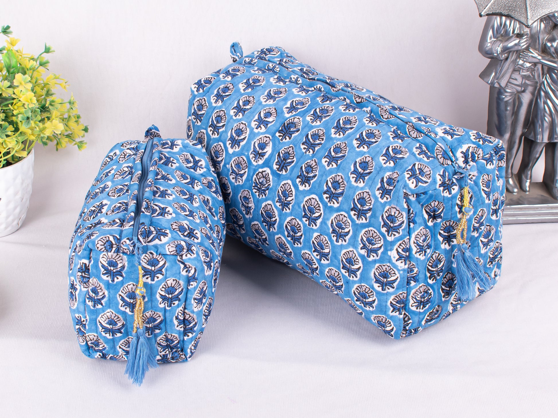 Set of 3 Printed Cotton Fabric Pouches, Floral Cosmetic Pouches, Women Beauty Case Pouch,  Zipper Pouch Bags, Eco-Friendly Cotton Bags