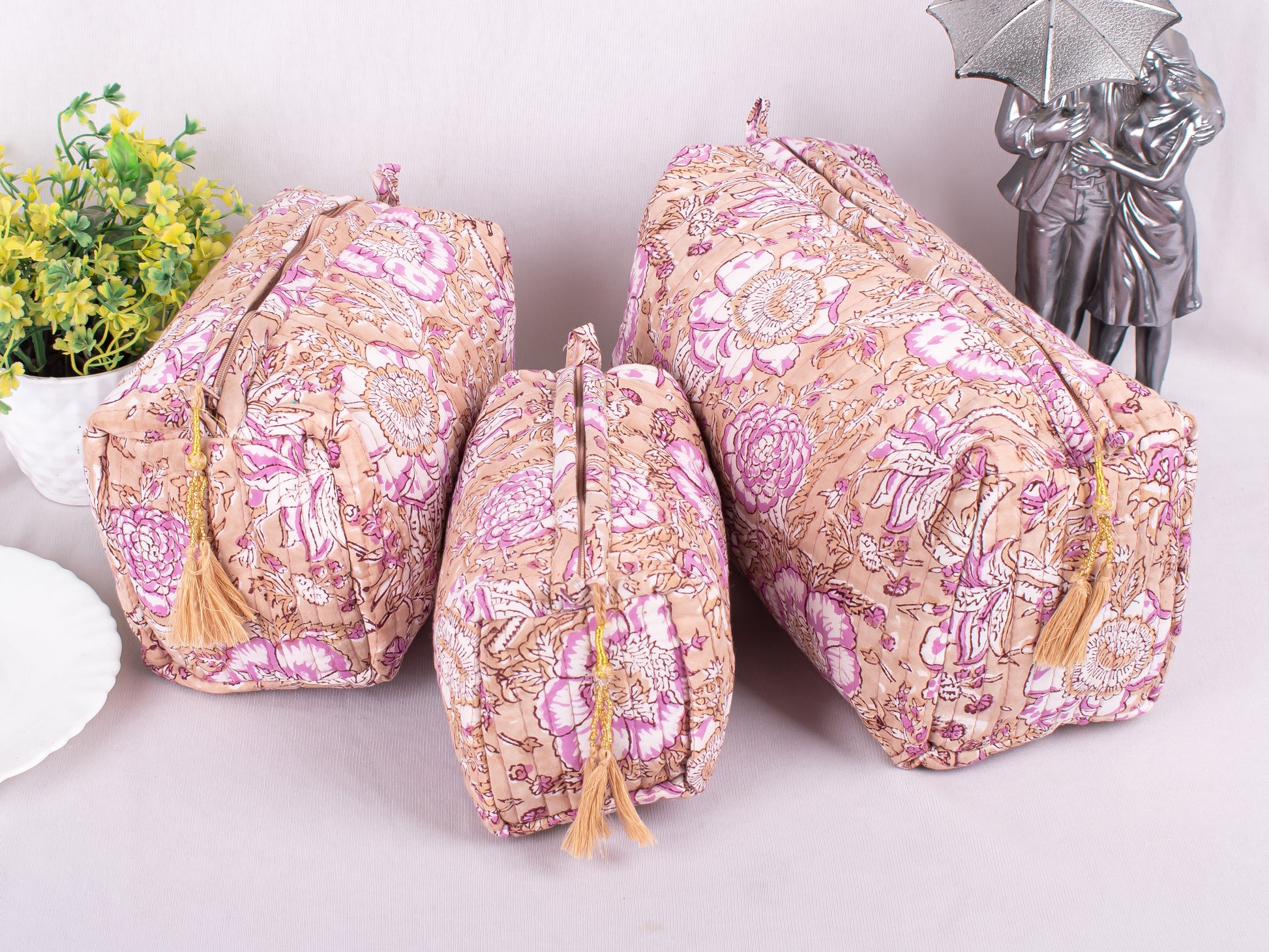 Set Of 3 Printed Cotton Fabric Bags, Soft Cotton Pouches, Stylish Zipper Pouch Bags, Eco-Friendly Cotton Fabric, 100% Pure Cotton Cosmetic Makeup Travel Bags