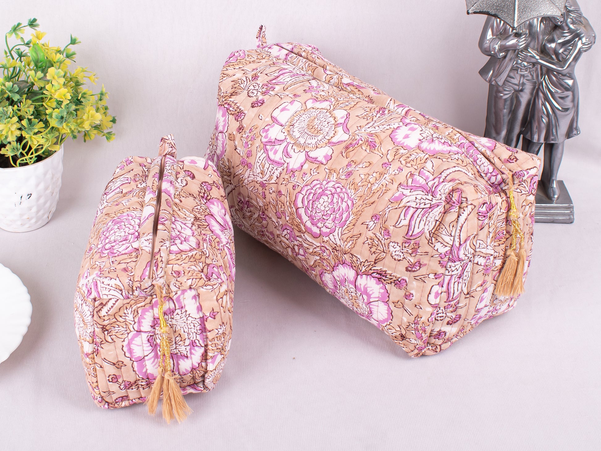 Set Of 3 Printed Cotton Fabric Bags, Soft Cotton Pouches, Stylish Zipper Pouch Bags, Eco-Friendly Cotton Fabric, 100% Pure Cotton Cosmetic Makeup Travel Bags