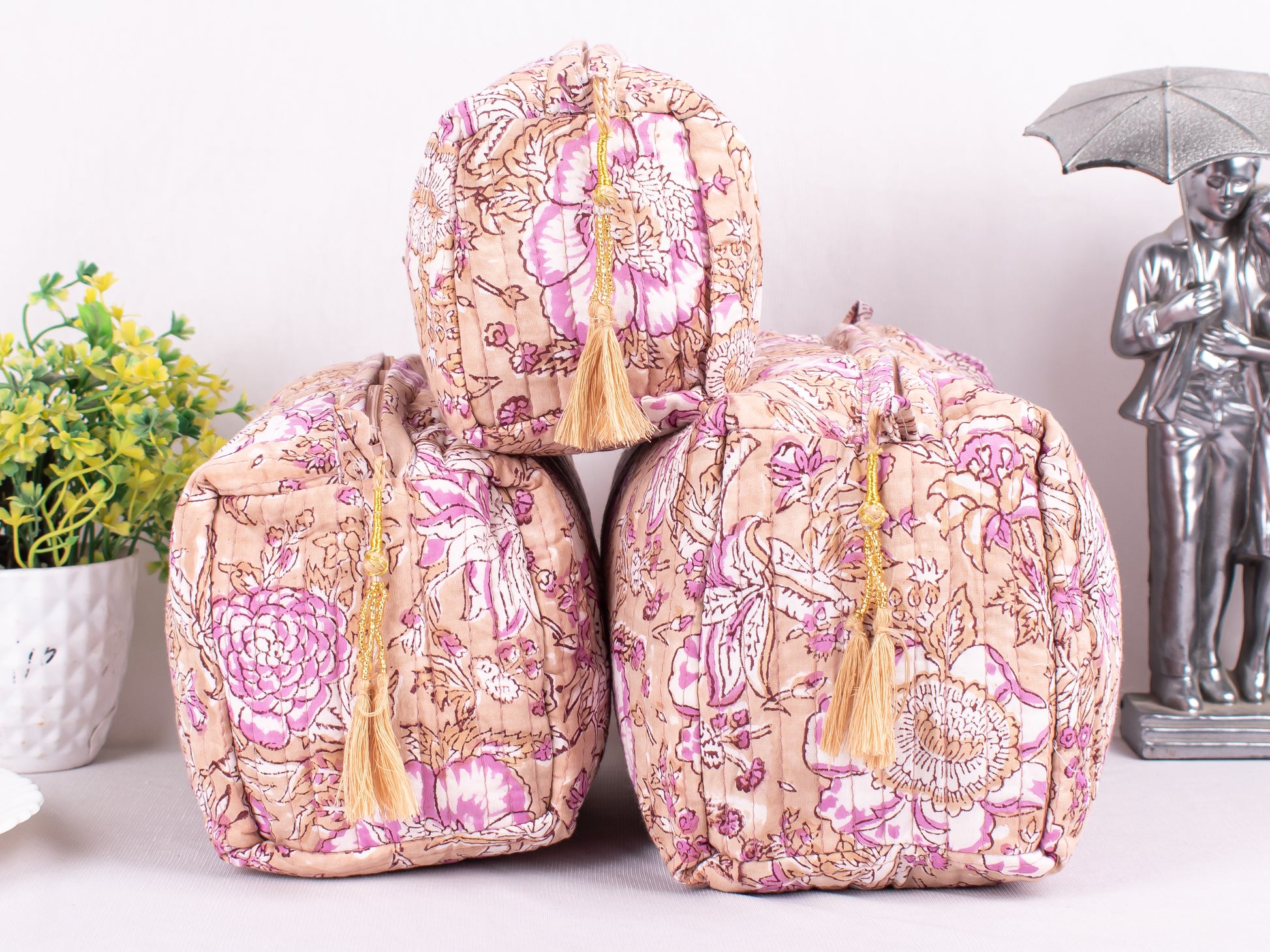 Set Of 3 Printed Cotton Fabric Bags, Soft Cotton Pouches, Stylish Zipper Pouch Bags, Eco-Friendly Cotton Fabric, 100% Pure Cotton Cosmetic Makeup Travel Bags