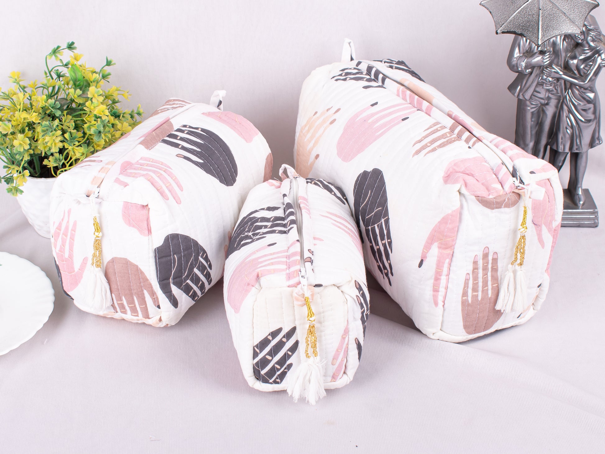 Set Of 3 Block Print Cosmetic Bags, Eco  Friendly Toiletry Bag, Print Cosmetic Bags, Quilted Makeup Bags, Pure Cotton Bags