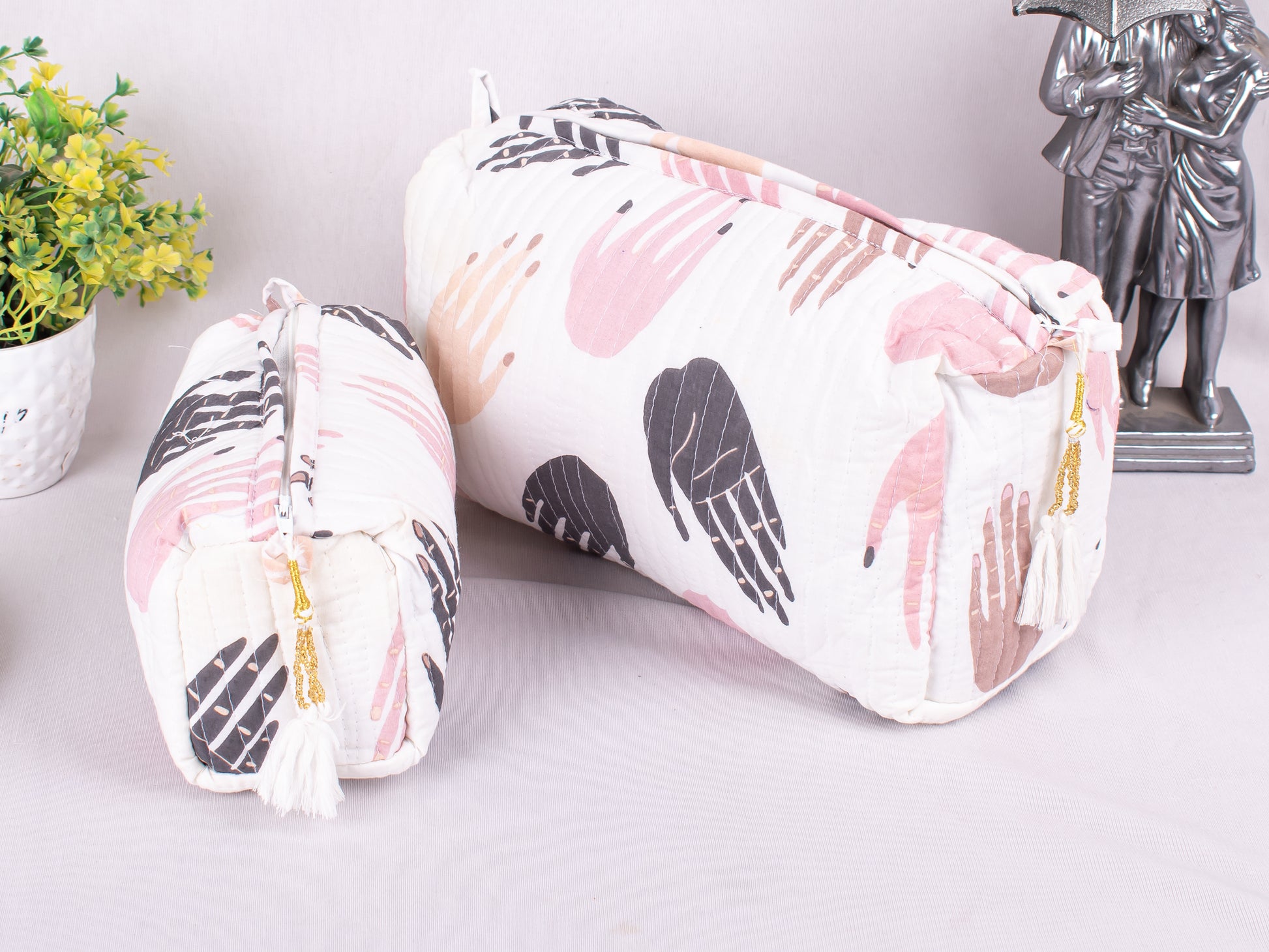 Set Of 3 Block Print Cosmetic Bags, Eco  Friendly Toiletry Bag, Print Cosmetic Bags, Quilted Makeup Bags, Pure Cotton Bags