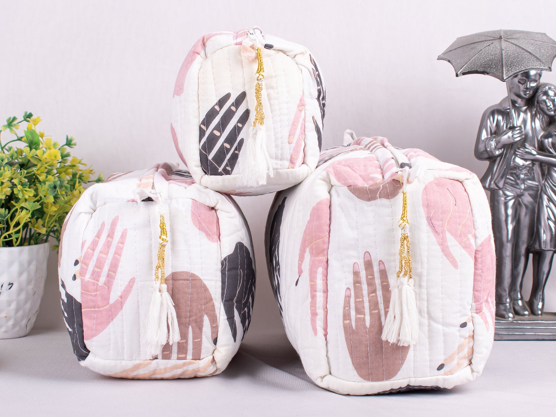 Set Of 3 Block Print Cosmetic Bags, Eco  Friendly Toiletry Bag, Print Cosmetic Bags, Quilted Makeup Bags, Pure Cotton Bags