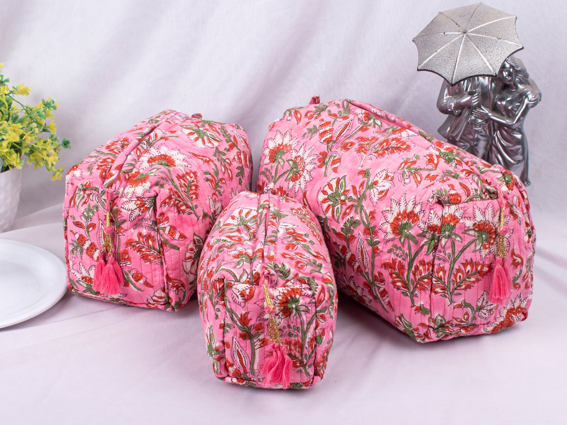 Cotton Fabric Cosmetic Bags, Cute Gift For Her, Beach Bags, Designer Makeup Pouch, 100% Cotton Makeup Organizer Bags, Lightweight Cotton Bags - 3pcs