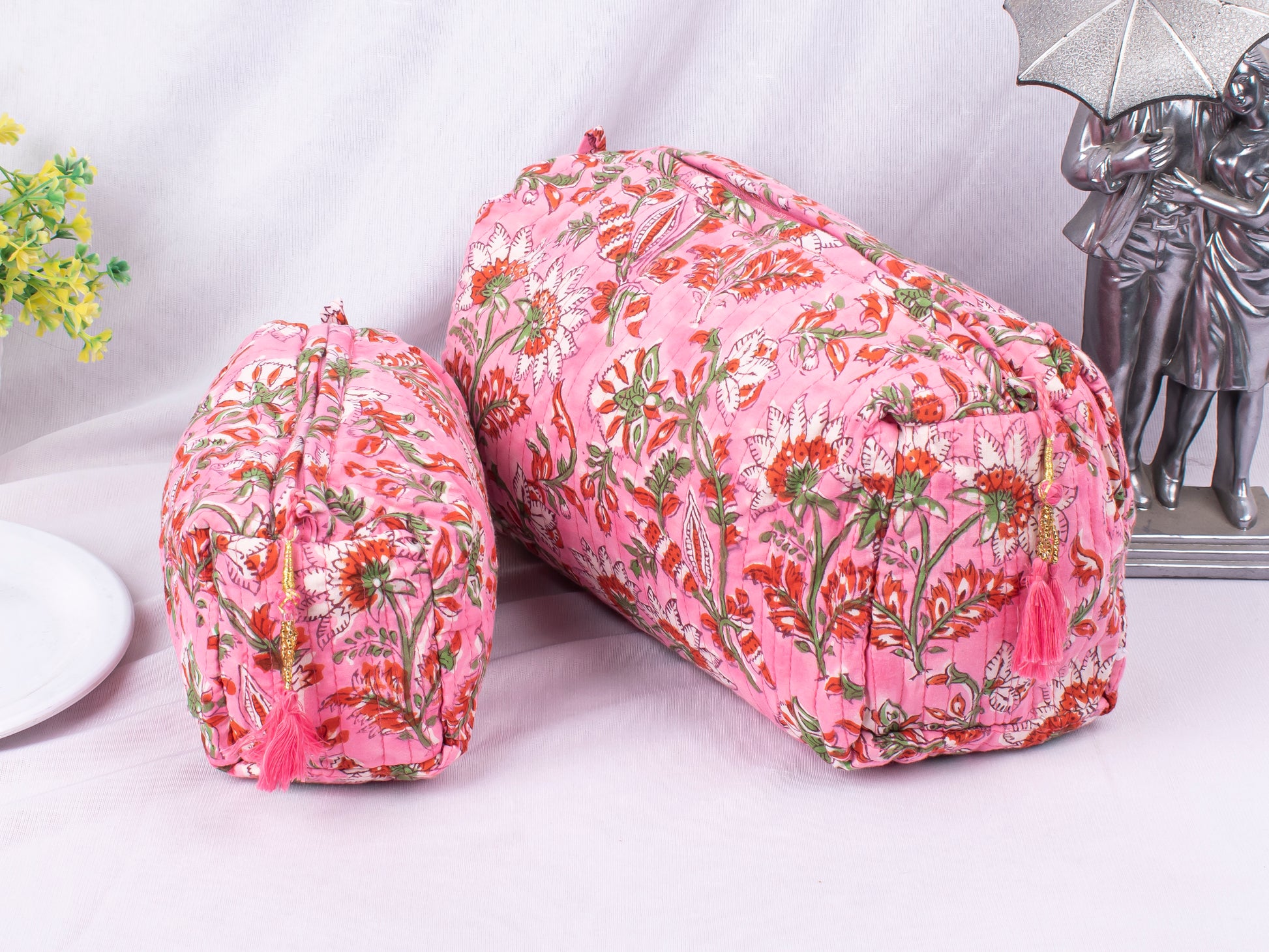 Cotton Fabric Cosmetic Bags, Cute Gift For Her, Beach Bags, Designer Makeup Pouch, 100% Cotton Makeup Organizer Bags, Lightweight Cotton Bags - 3pcs