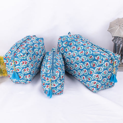 3 Set Of Zipper Pouch Bags, Print Cosmetic Bags, Cotton Makeup Bags, 100% Cotton Bags, Print Cosmetic Bags, Women Toiletry Bags