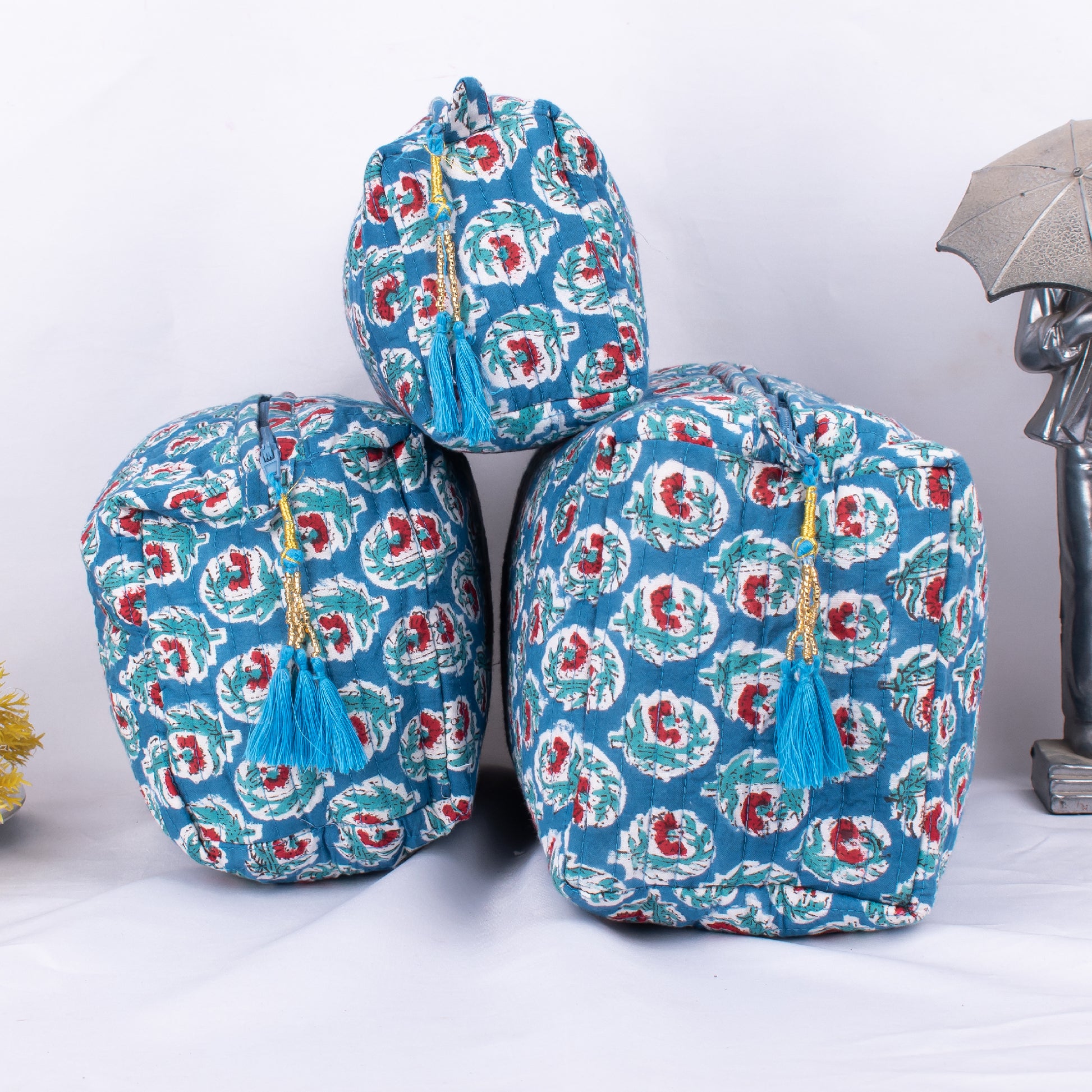 3 Set Of Zipper Pouch Bags, Print Cosmetic Bags, Cotton Makeup Bags, 100% Cotton Bags, Print Cosmetic Bags, Women Toiletry Bags