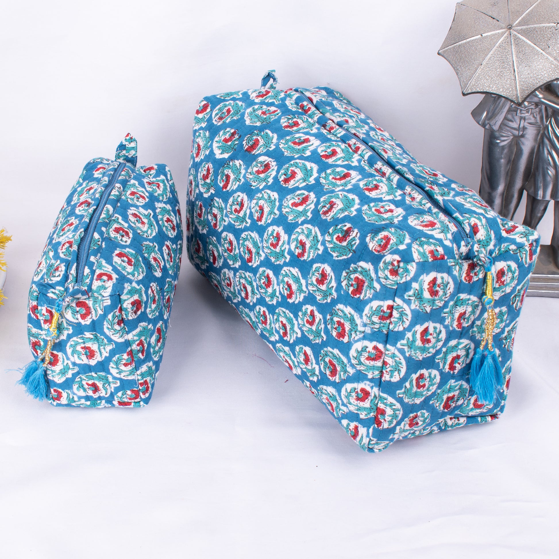 3 Set Of Zipper Pouch Bags, Print Cosmetic Bags, Cotton Makeup Bags, 100% Cotton Bags, Print Cosmetic Bags, Women Toiletry Bags