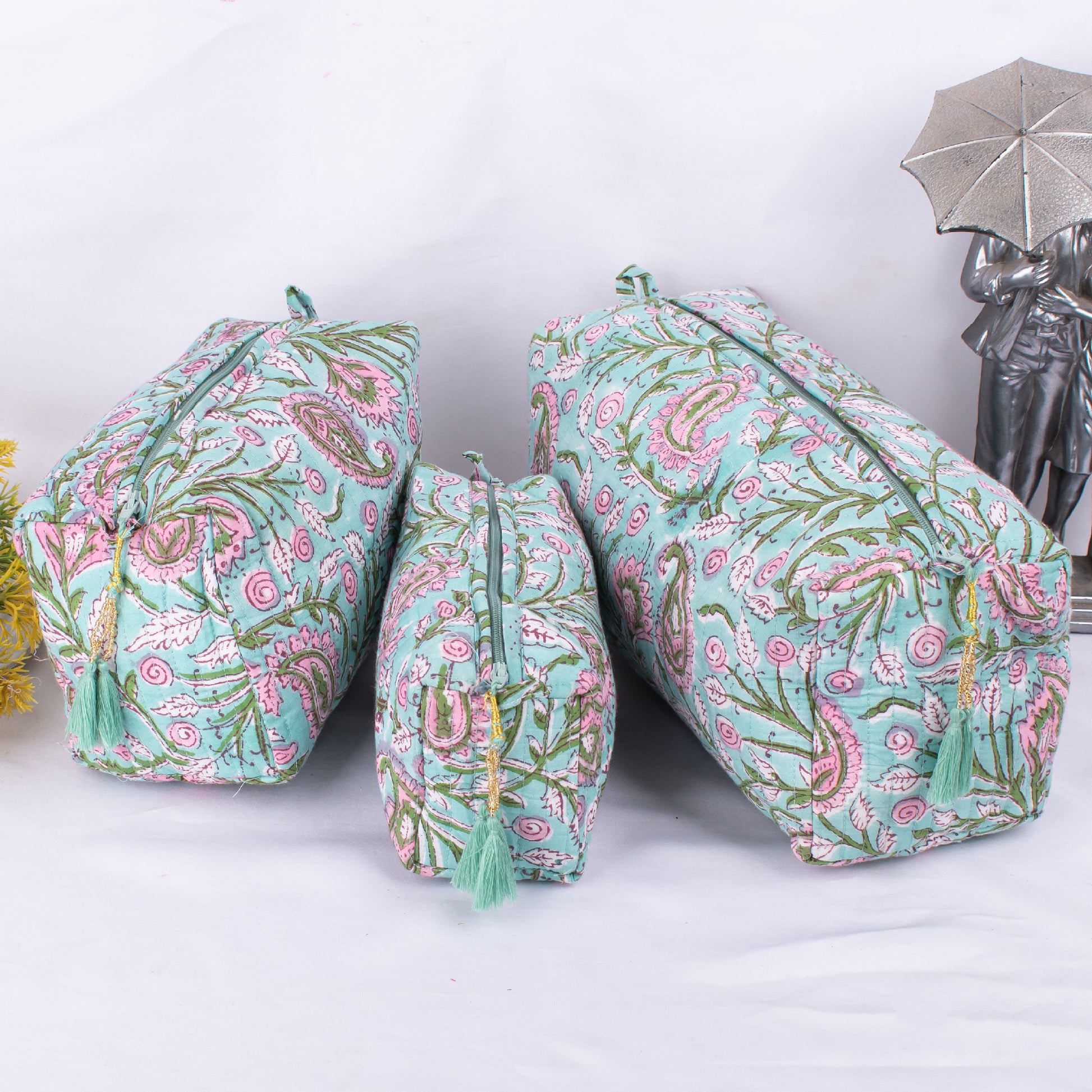 Pack Of 3 Set Block Printed Toiletry Bags, 3 Cotton Travel Bags, Hand Block Printed Cotton Makeup Bags, 3 Zipper Pouch Bags Set