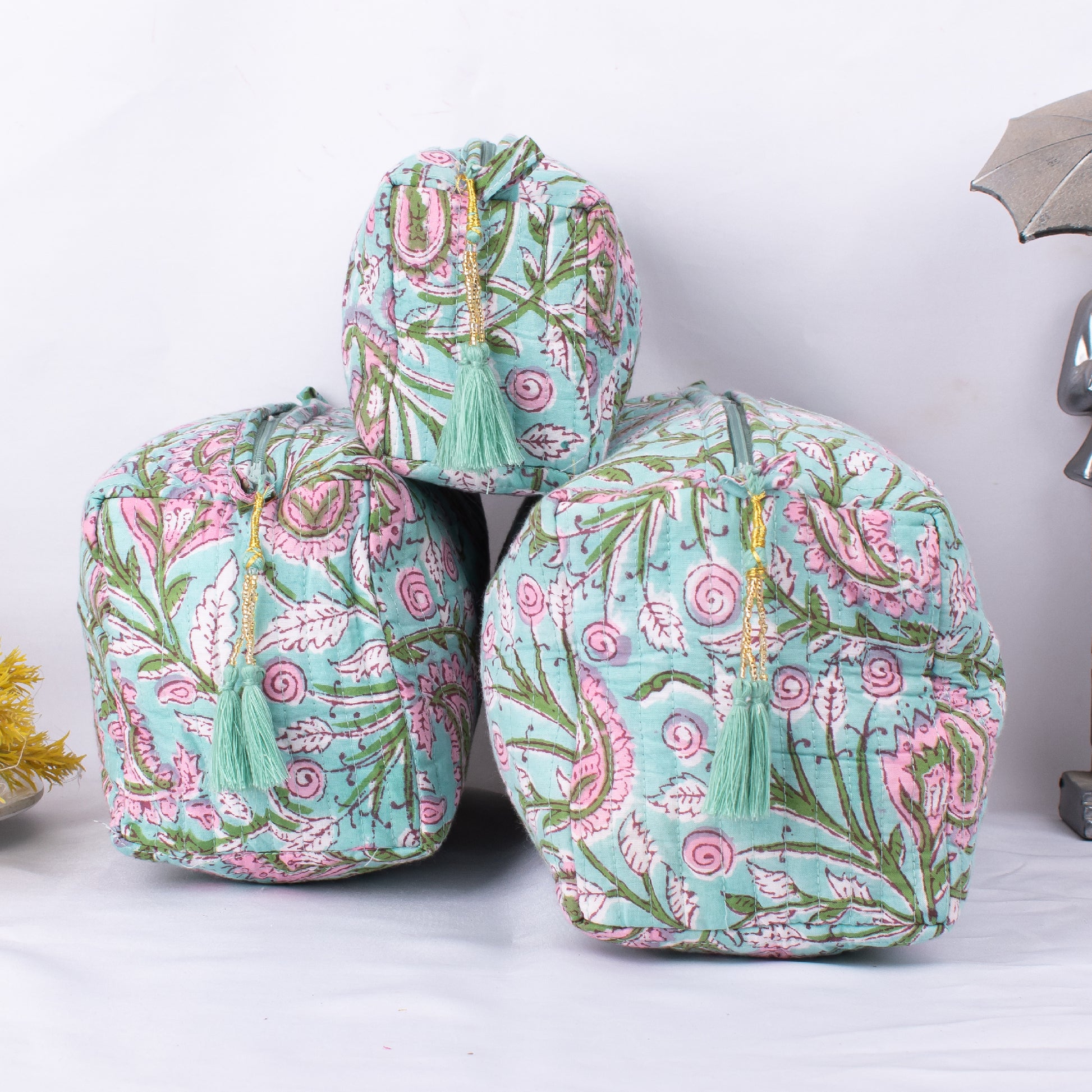 Pack Of 3 Set Block Printed Toiletry Bags, 3 Cotton Travel Bags, Hand Block Printed Cotton Makeup Bags, 3 Zipper Pouch Bags Set