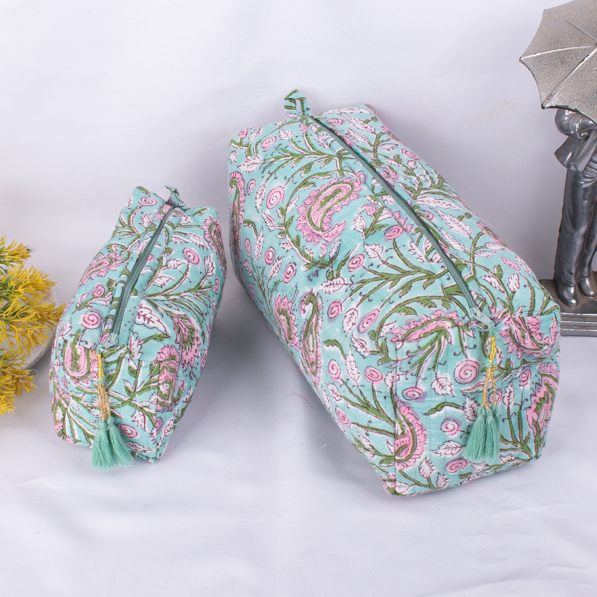 Pack Of 3 Set Block Printed Toiletry Bags, 3 Cotton Travel Bags, Hand Block Printed Cotton Makeup Bags, 3 Zipper Pouch Bags Set