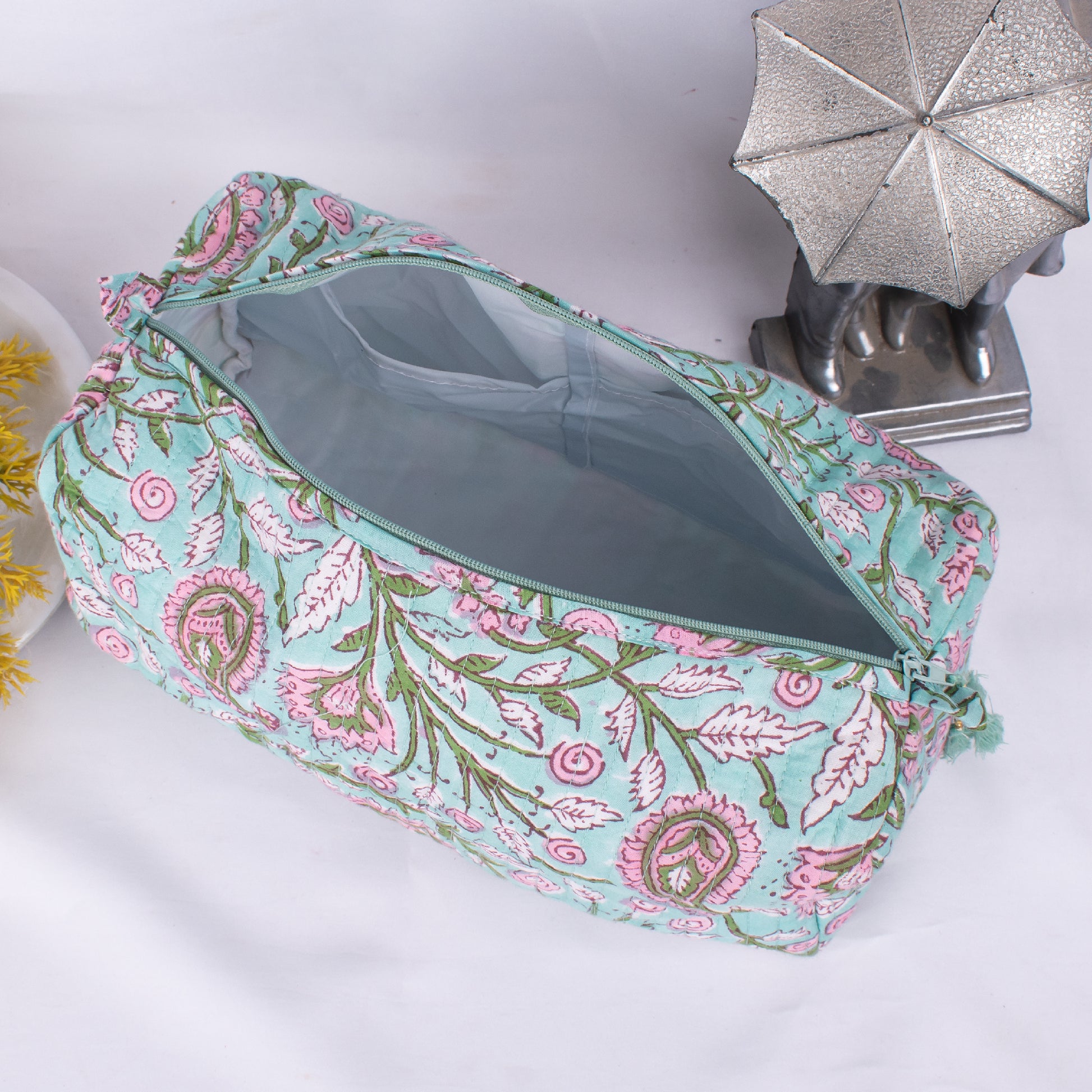 Pack Of 3 Set Block Printed Toiletry Bags, 3 Cotton Travel Bags, Hand Block Printed Cotton Makeup Bags, 3 Zipper Pouch Bags Set