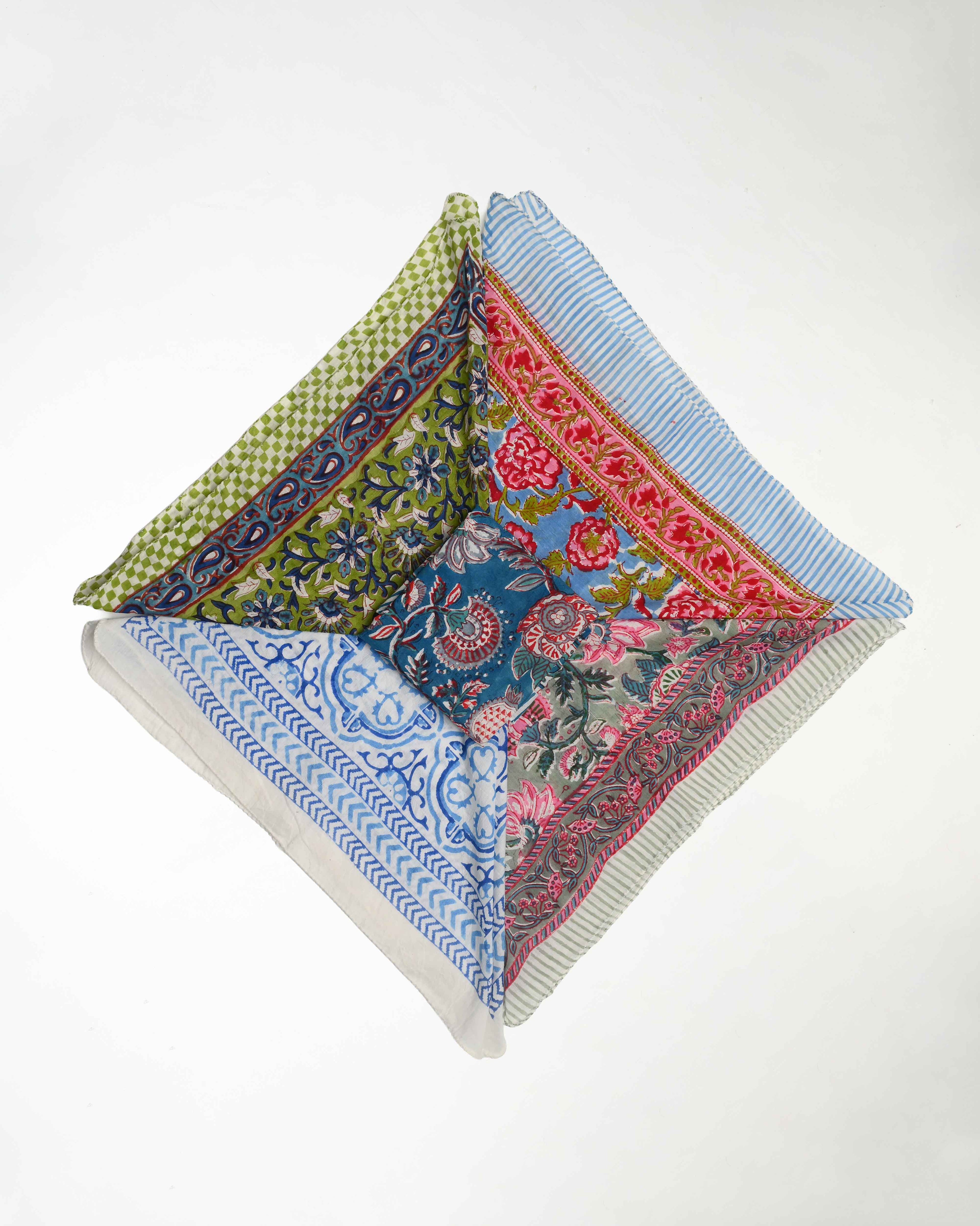 Set of 5 – Boho Floral Hand Block Printed Cotton Bandanas | Lightweight Unisex Head Wrap, Neck Scarf & Hair Tie | Eco-Friendly Bohemian Accessory | UK