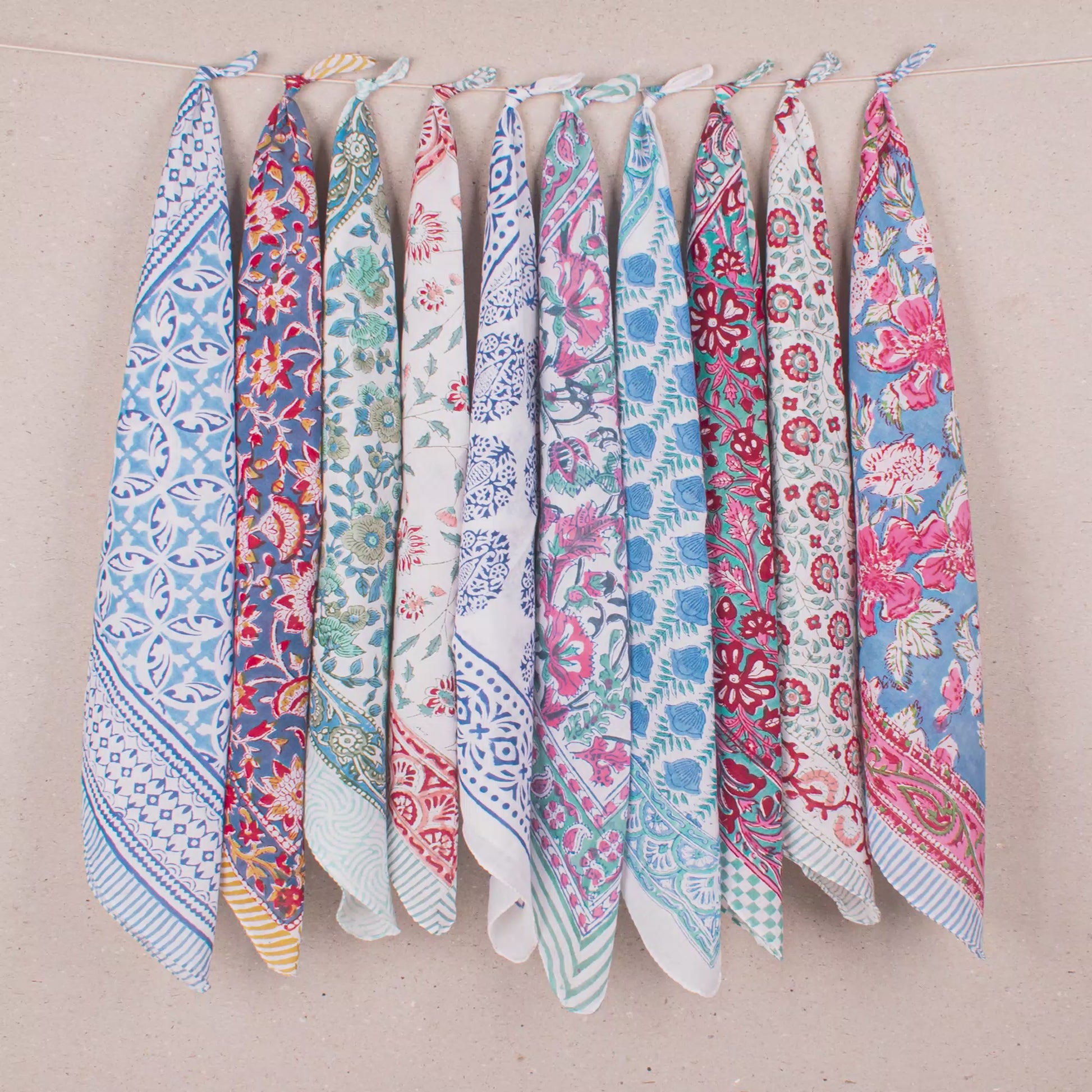 Set of 10 - Organic Cotton Bandana, Handmade Lightweight Scarf, Block Printed Hair Or Neck Wrap, Sustainable Fashion Accessory Gift For All