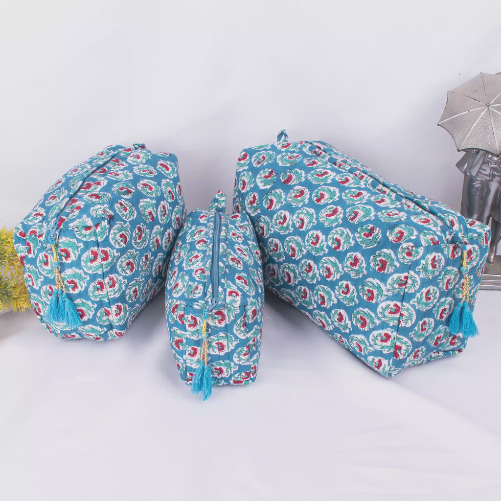 3 Set Of Zipper Pouch Bags, Print Cosmetic Bags, Cotton Makeup Bags, 100% Cotton Bags, Print Cosmetic Bags, Women Toiletry Bags