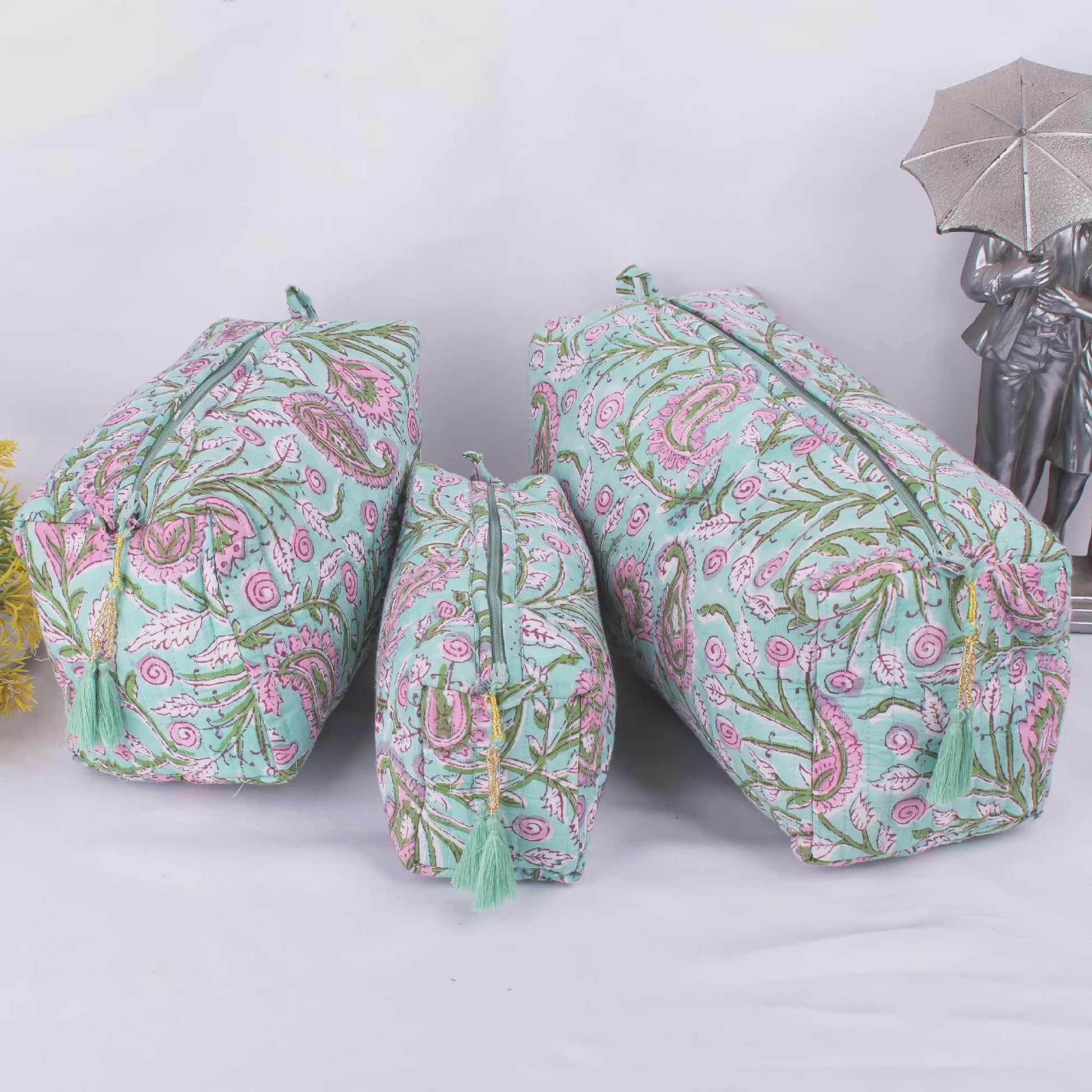 Pack Of 3 Set Block Printed Toiletry Bags, 3 Cotton Travel Bags, Hand Block Printed Cotton Makeup Bags, 3 Zipper Pouch Bags Set