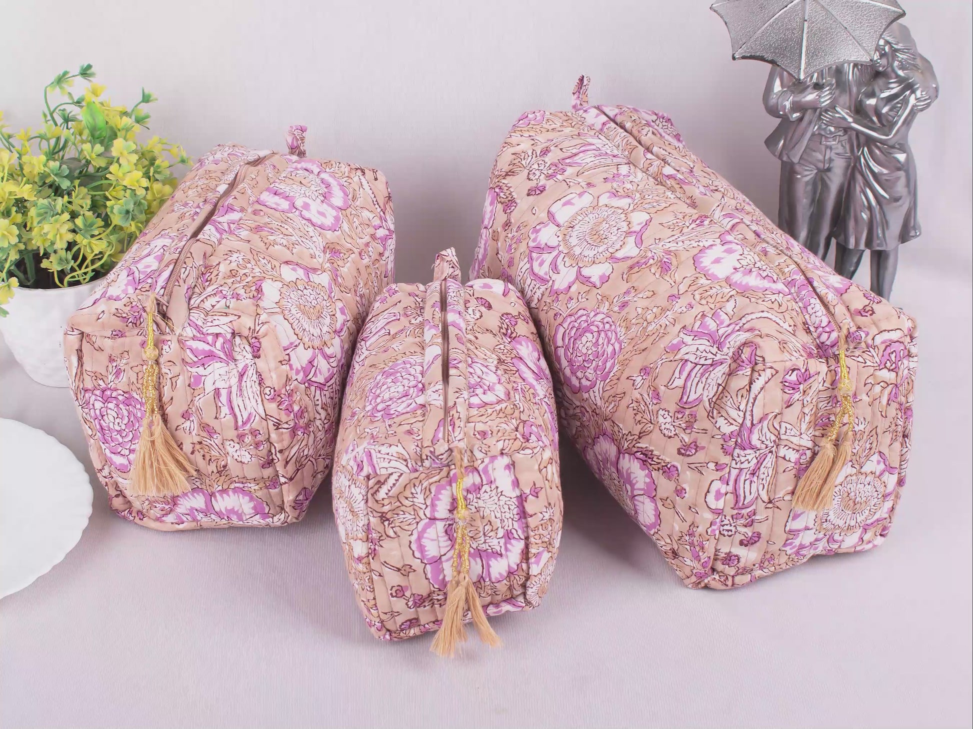 Set Of 3 Printed Cotton Fabric Bags, Soft Cotton Pouches, Stylish Zipper Pouch Bags, Eco-Friendly Cotton Fabric, 100% Pure Cotton Cosmetic Makeup Travel Bags