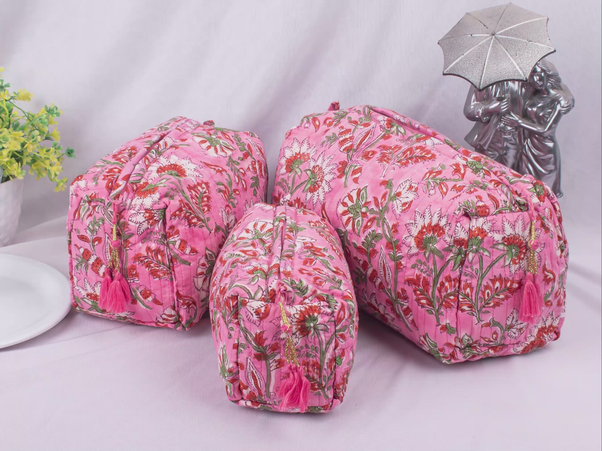 Cotton Fabric Cosmetic Bags, Cute Gift For Her, Beach Bags, Designer Makeup Pouch, 100% Cotton Makeup Organizer Bags, Lightweight Cotton Bags - 3pcs