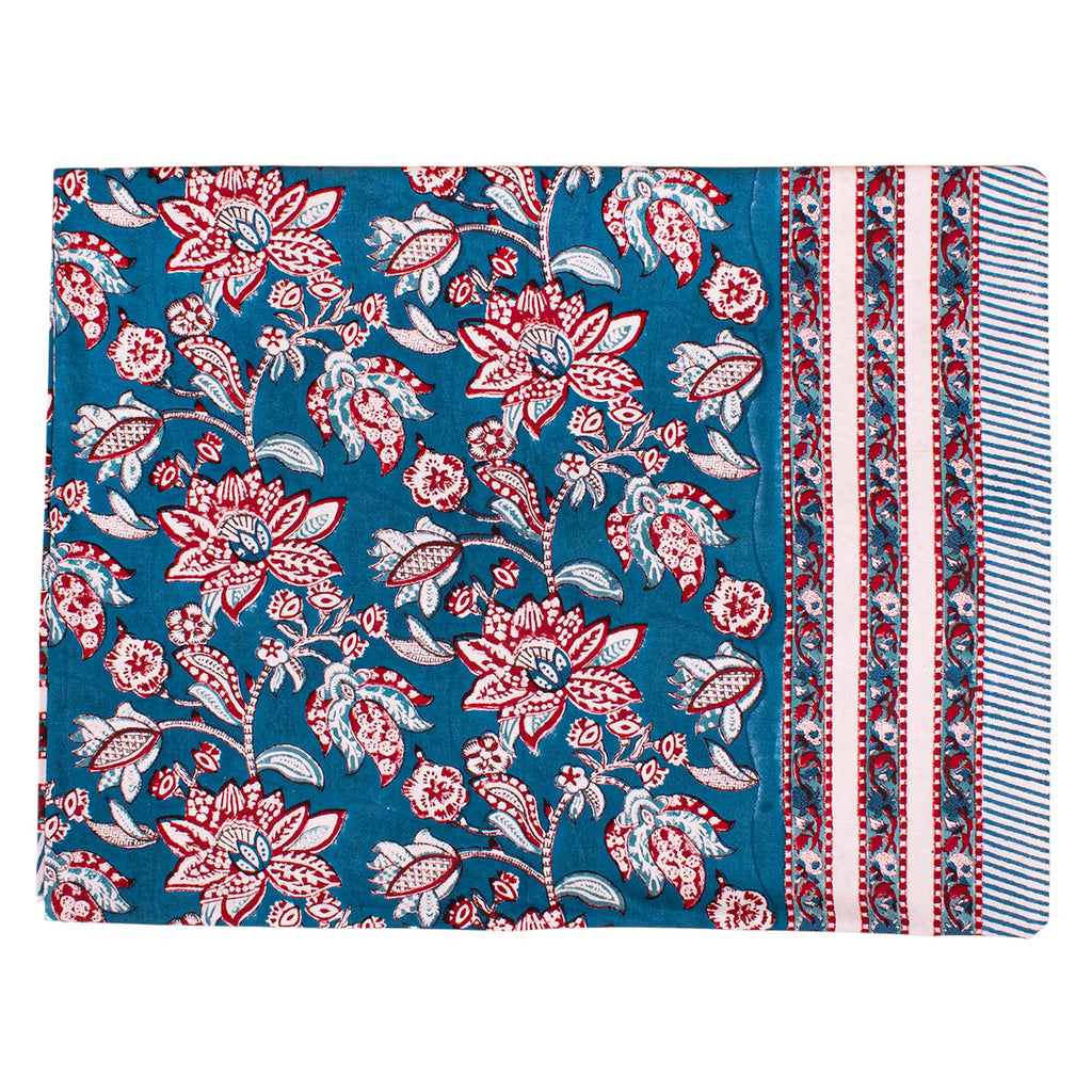 Floral Cotton Tablecloth for Dining, Block Printed Table Cover, Boho Home Decor