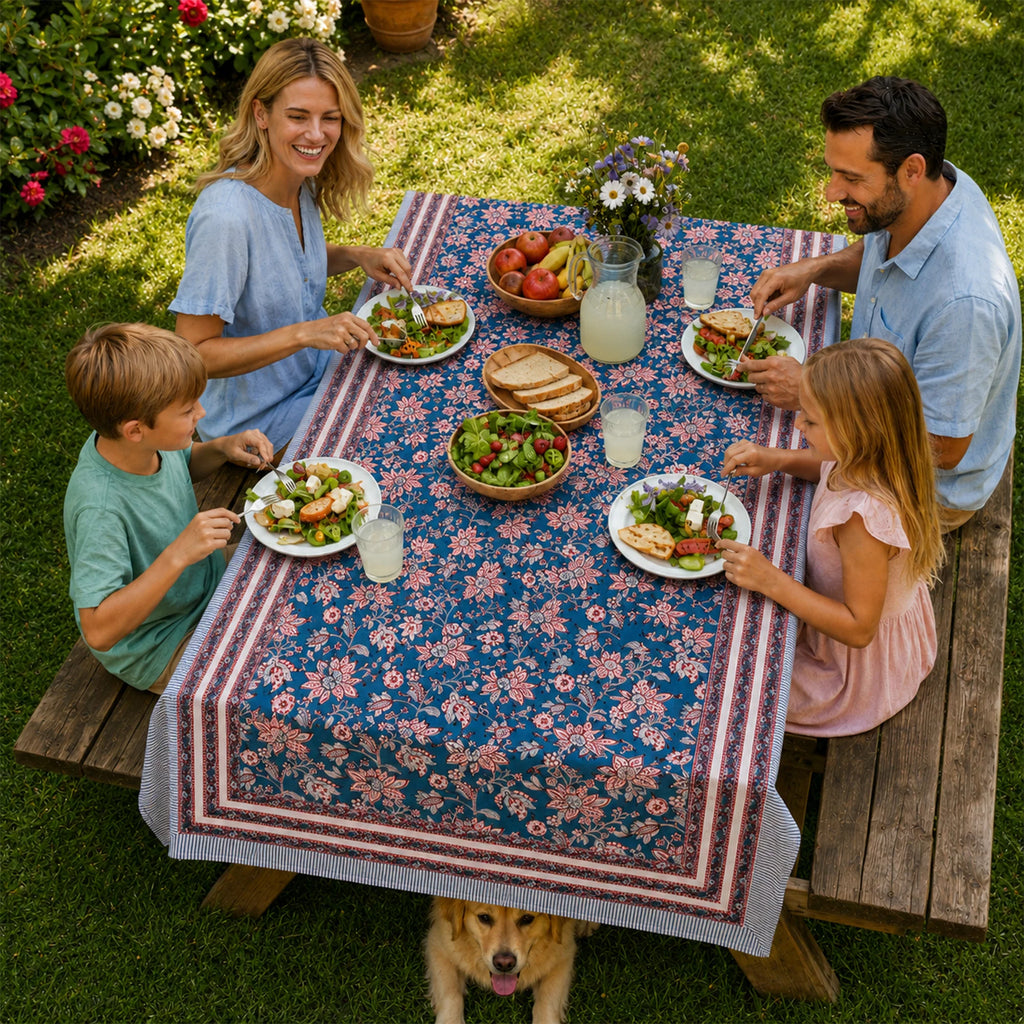 Floral Cotton Tablecloth for Dining, Block Printed Table Cover, Boho Home Decor