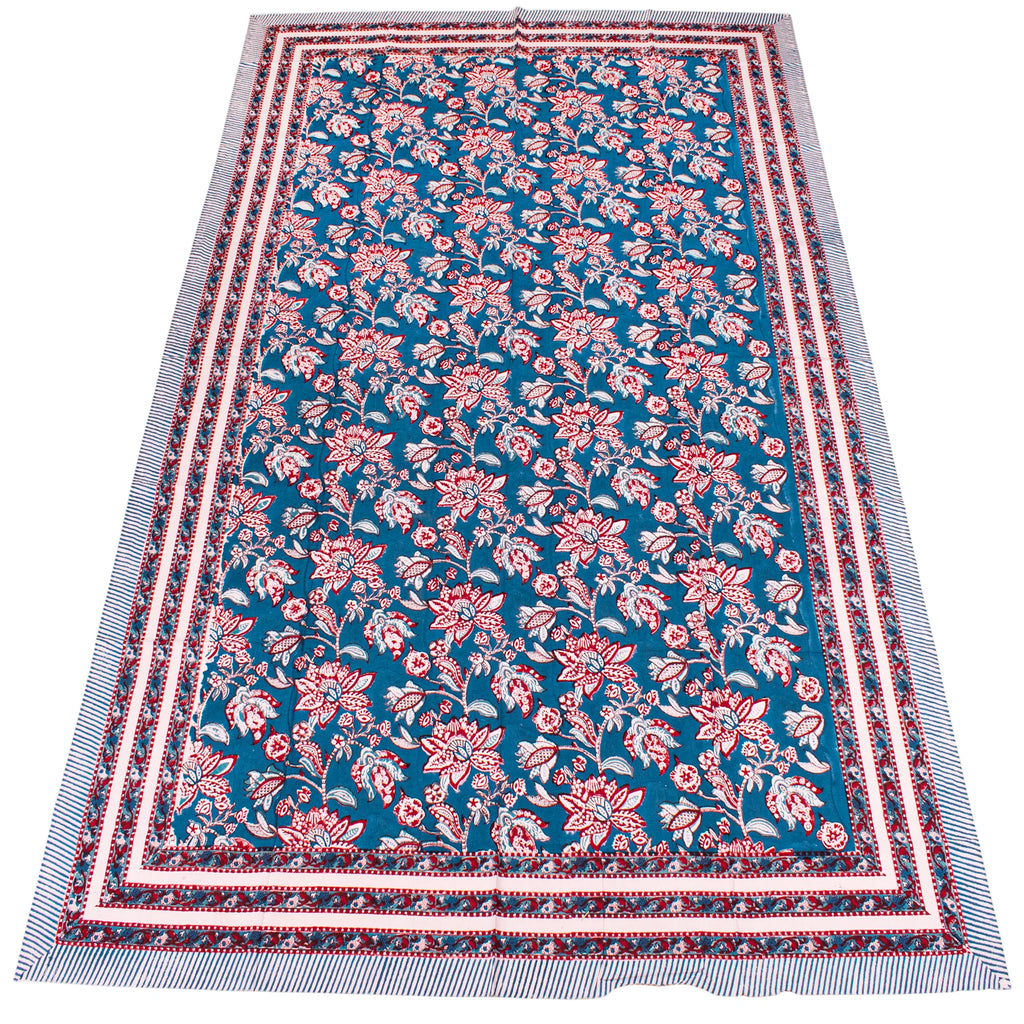 Floral Cotton Tablecloth for Dining, Block Printed Table Cover, Boho Home Decor