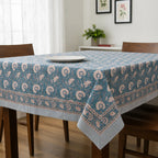 Hand Block Print Cotton Tablecloth, Botanical Dining Linen, Handmade Farmhouse Decor
