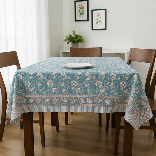 Hand Block Print Cotton Tablecloth, Botanical Dining Linen, Handmade Farmhouse Decor
